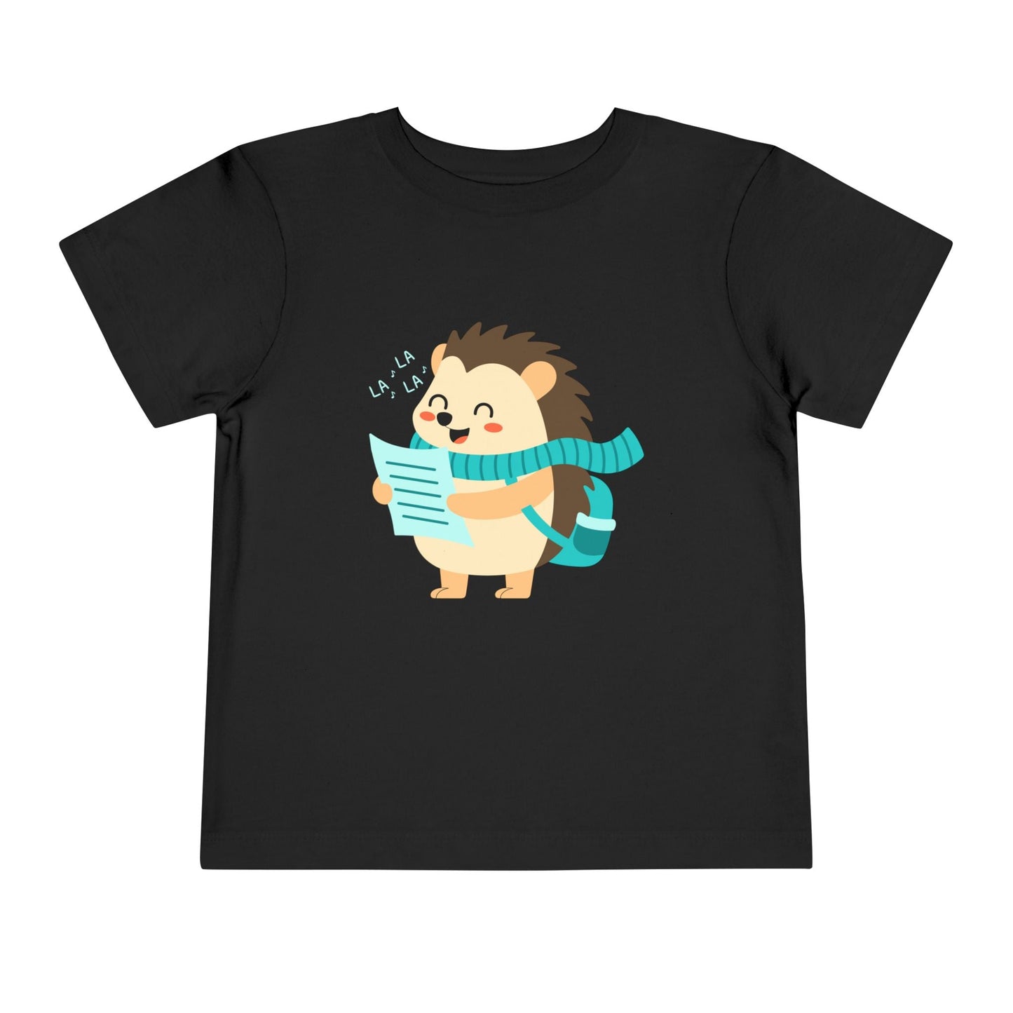 Black toddler t-shirt with a cartoon hedgehog in a flowy scarf and caroling on a white background