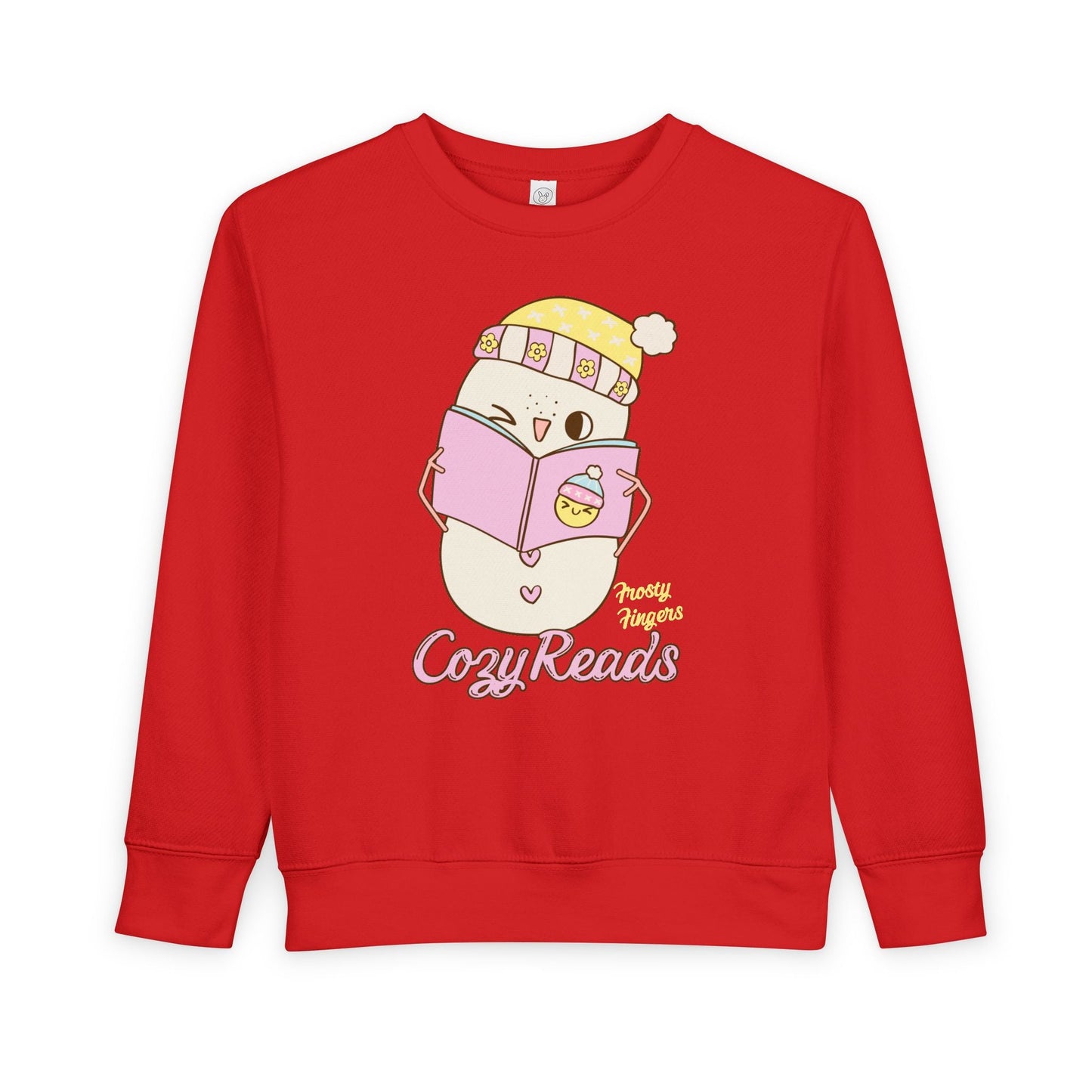Red toddler sweatshirt with a cartoon snowman reading a book and 'Frosty Fingers, Cozy Reads' text on a white background