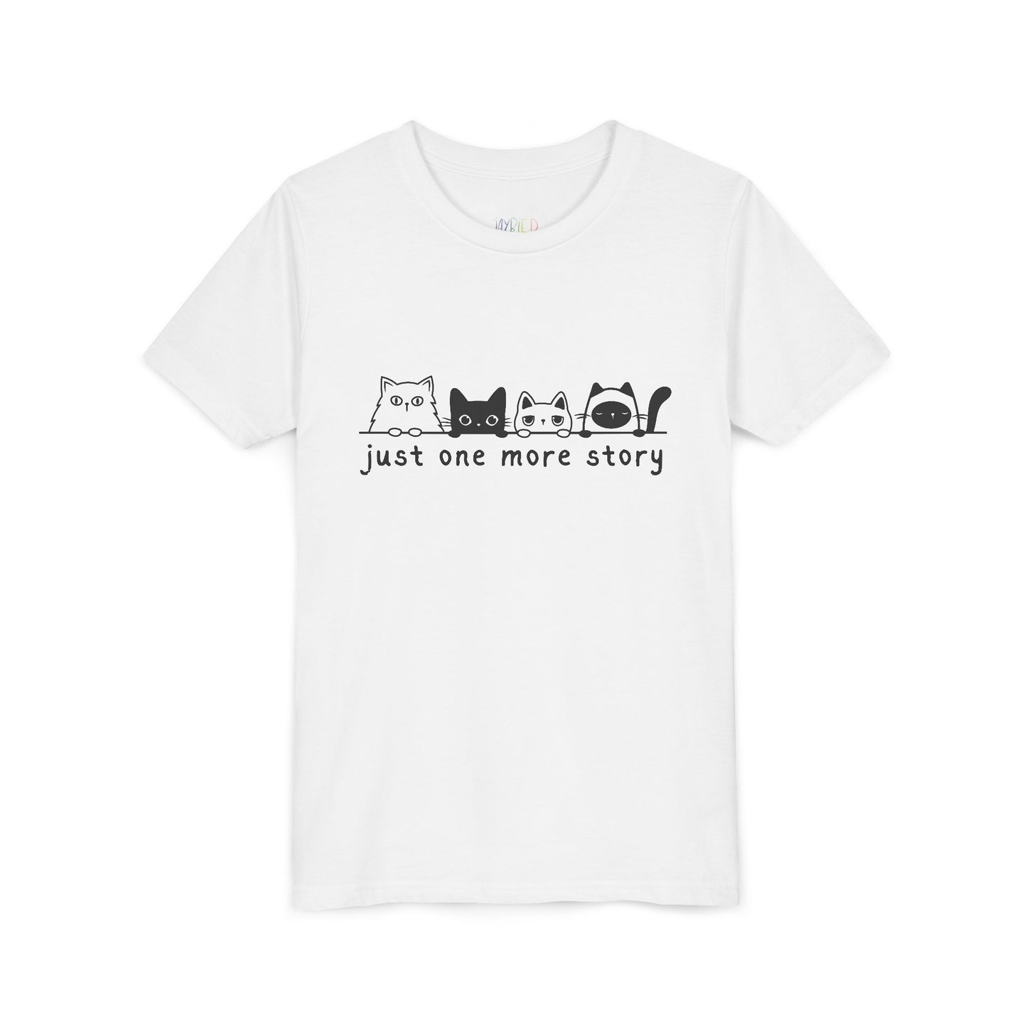 White t-shirt with a row of cats peaking over a line and text 'just one more story'