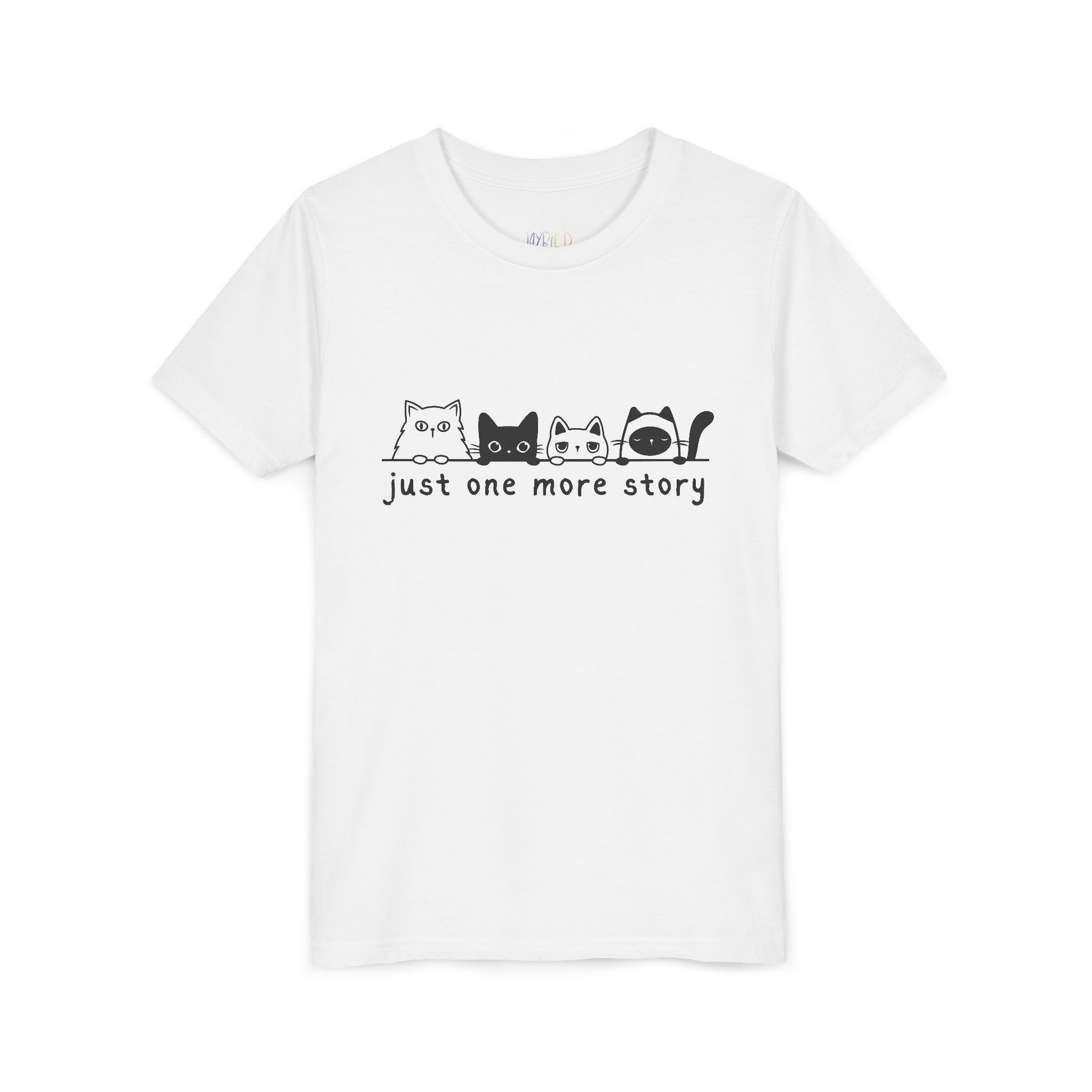 White t-shirt with a row of cats peaking over a line and text 'just one more story'