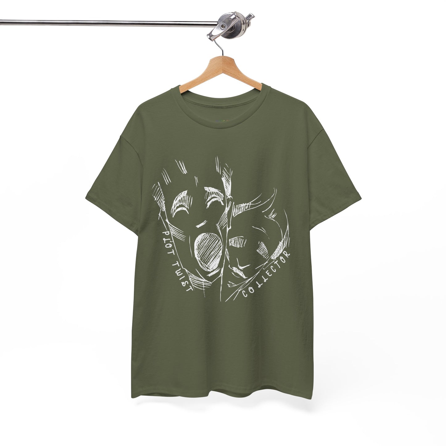 Army green t-shirt with white sketched graphic design of creepy faces and text 'Plot Twist Collector' on a hanger against a white background