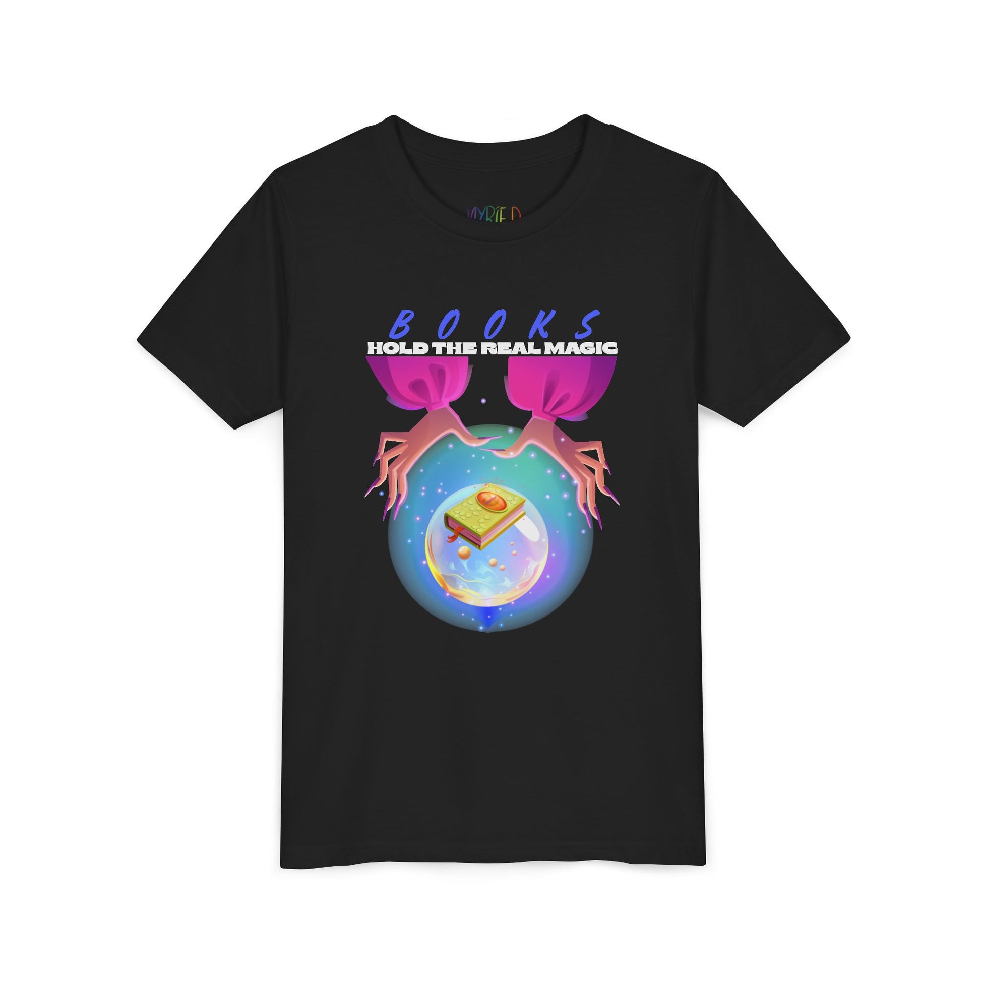 Black t-shirt with a hands around a crystal ball featuring a monster book and text 'Book Hold The Real Magic'