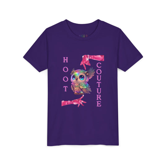 Purple t-shirt with colorful a fancy rainbow colored owl, fashion pink gloves and text 'HOOT COUTURE'