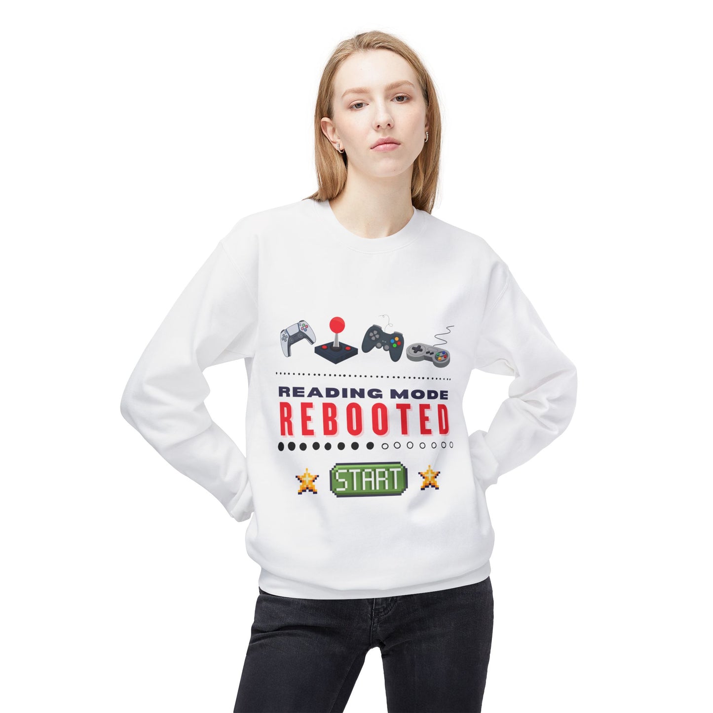 Woman wearing a white sweatshirt with gaming-themed design and text 'Reading Mode Rebooted'