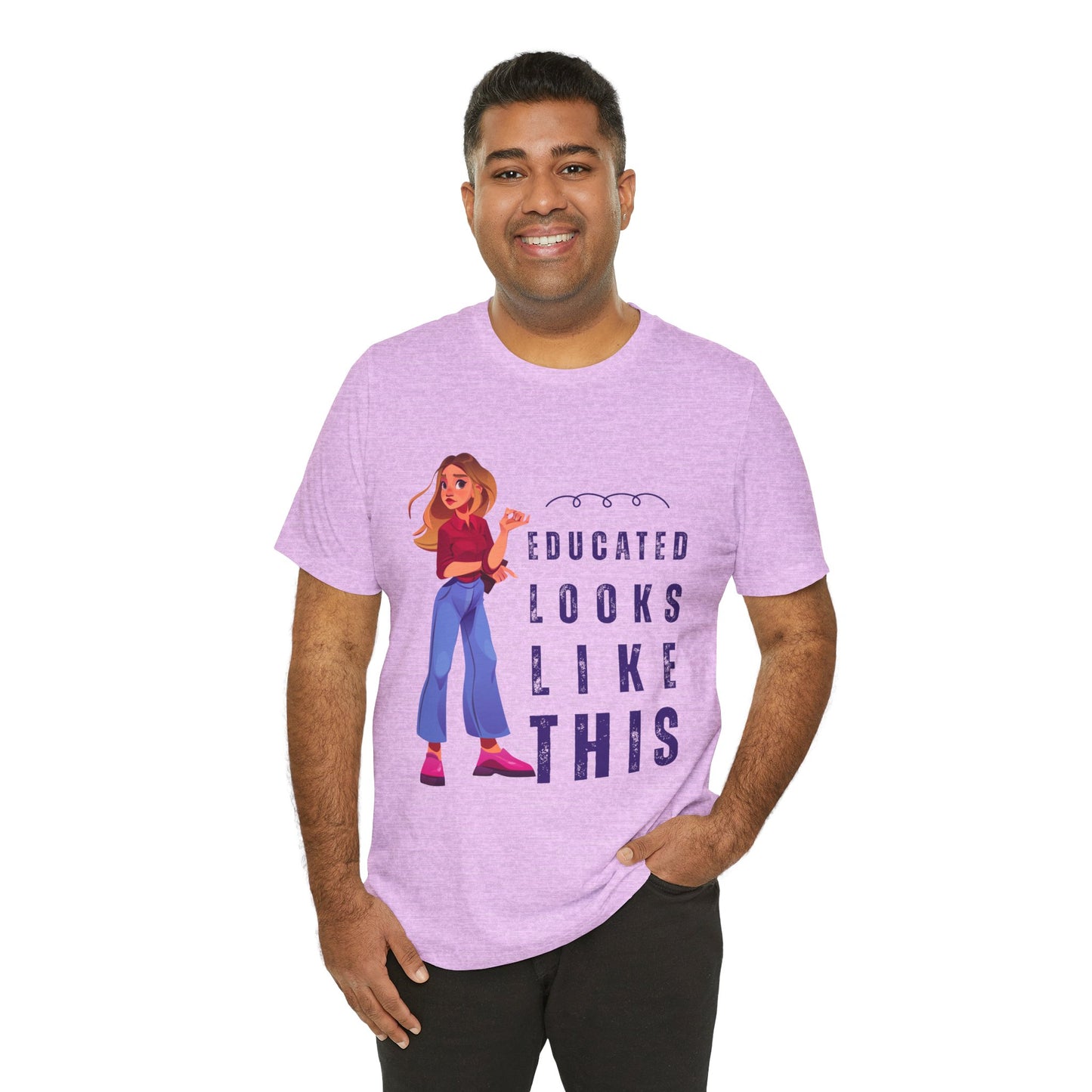 Man wearing a light purple t-shirt with woman and text 'Educated Looks Like This' 