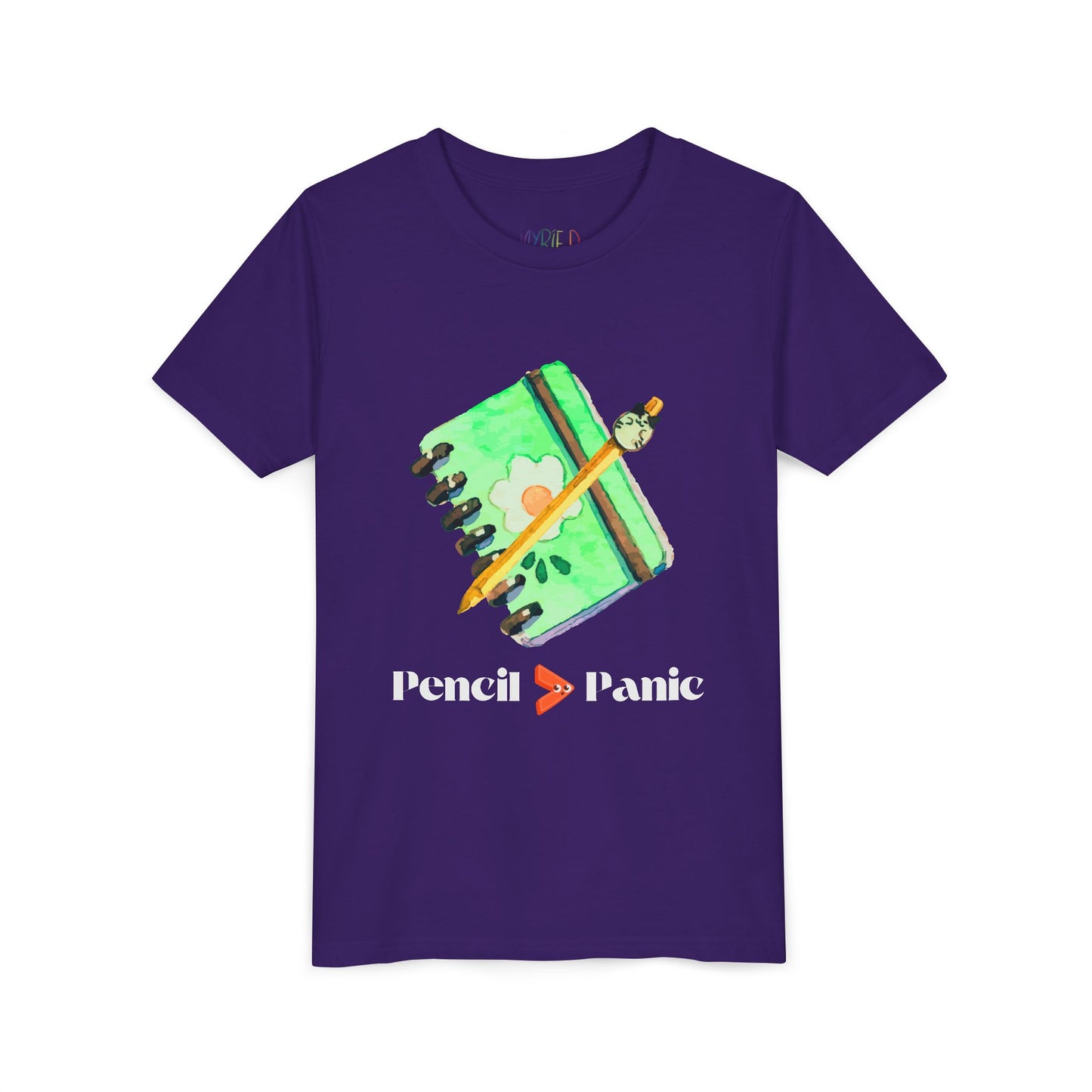 Purple t-shirt with a green notebook and pencil graphic and 'Pencil > Panic' text
