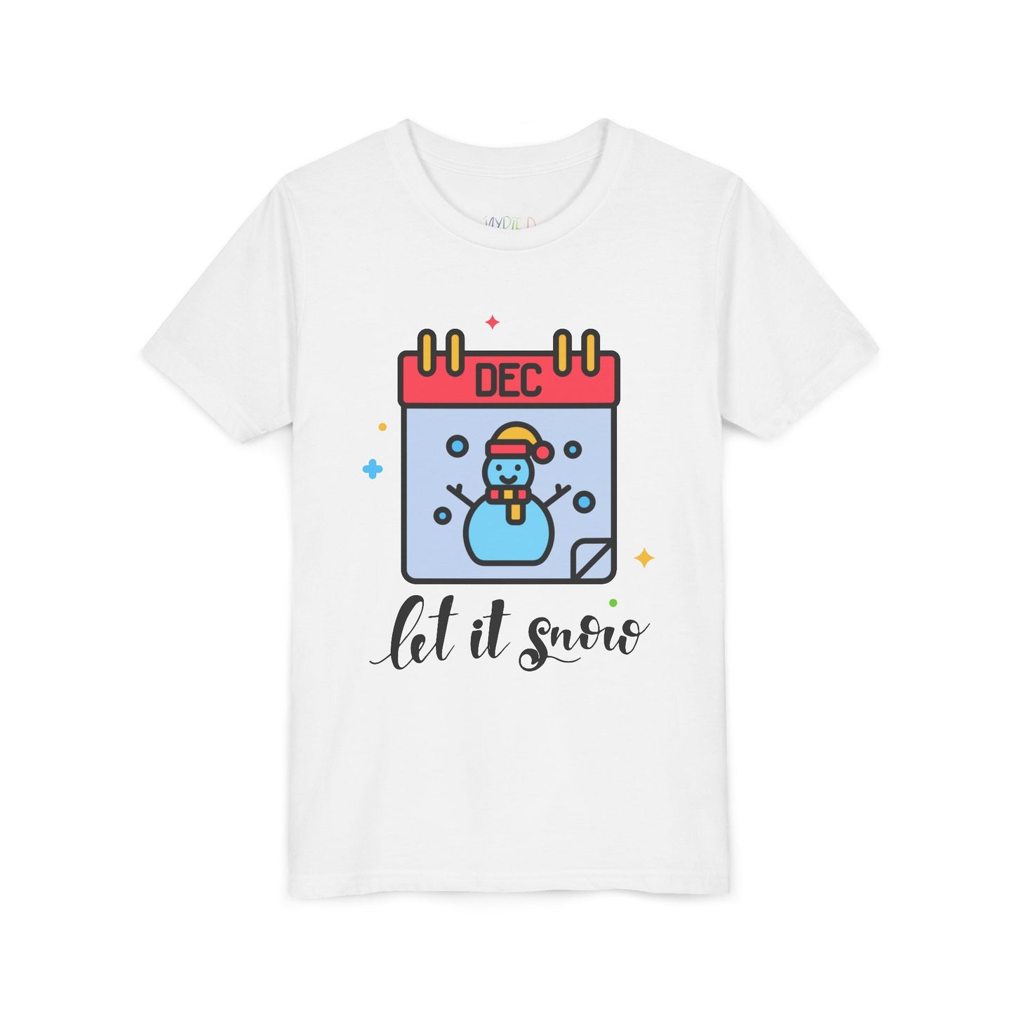 White t-shirt with a snowman calendar design and 'let it snow' text on a white background