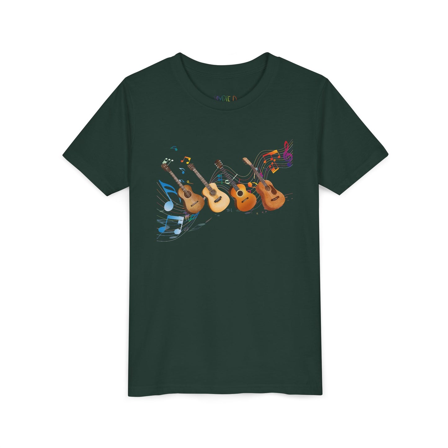 Dark green t-shirt with colorful music notes and a row of guitars 