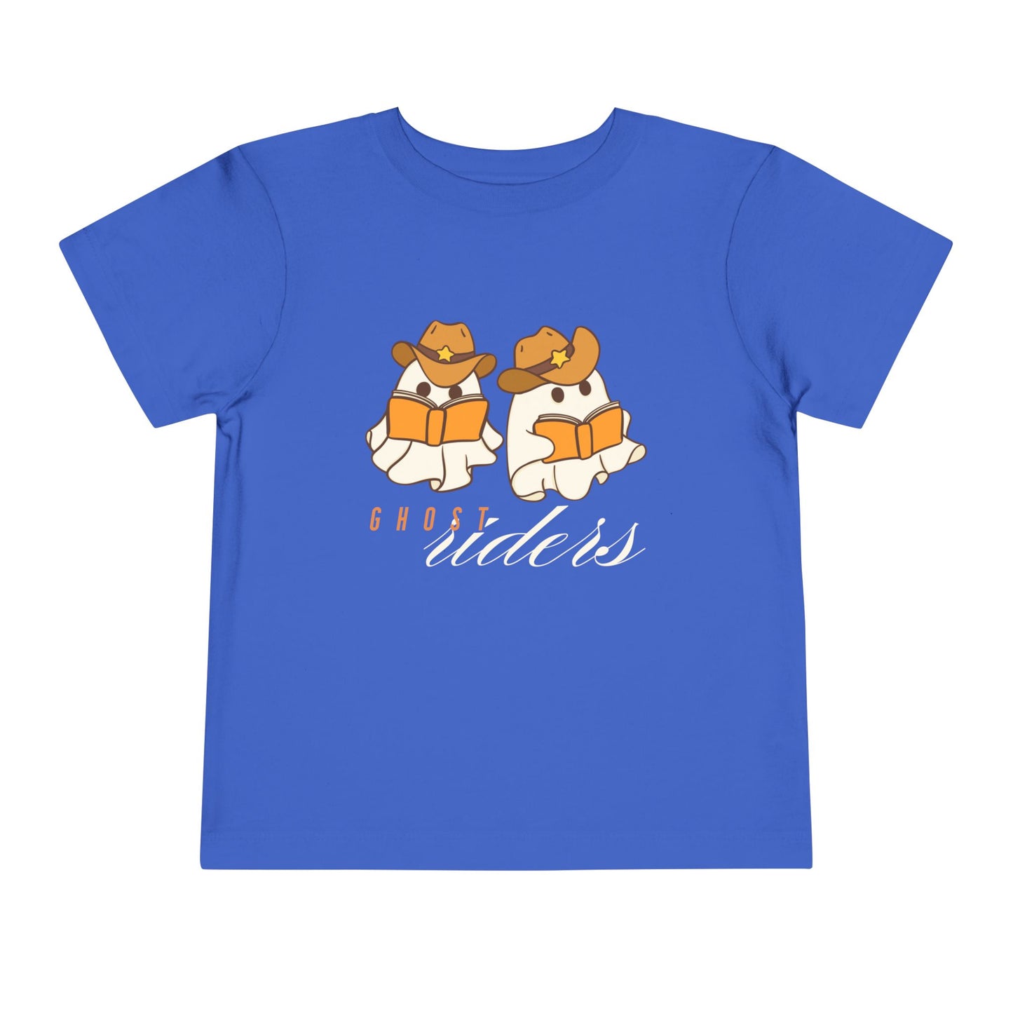 Blue t-shirt with two cowboy hat wearing ghosts reading books and text 'Ghost Riders' 