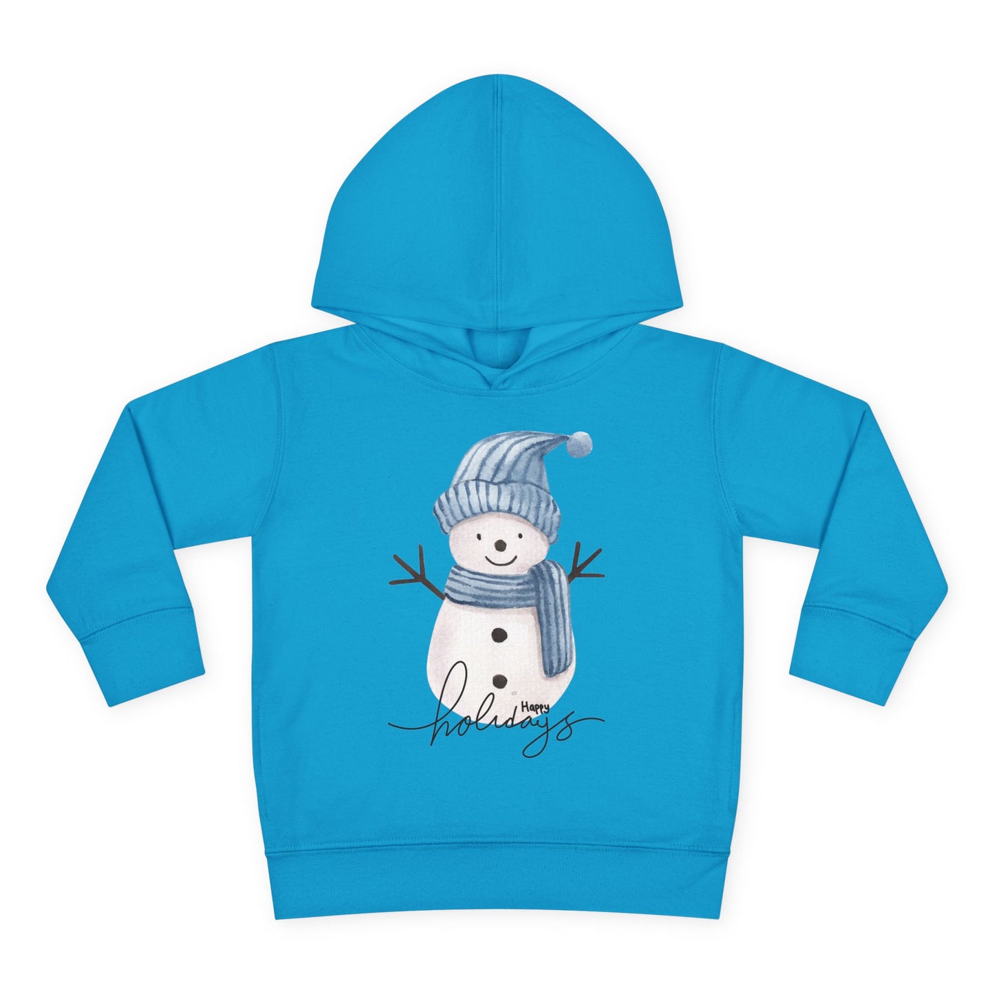 Turquoise blue toddler hoodie with a snowman, wearing a blue scarf and hat, text 'Happy Holidays' on a white background