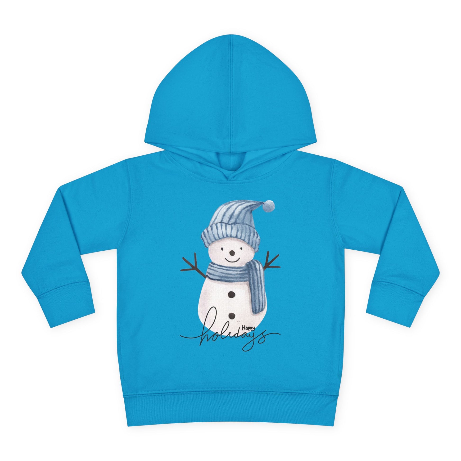 Turquoise blue toddler hoodie with a snowman, wearing a blue scarf and hat, text 'Happy Holidays' on a white background