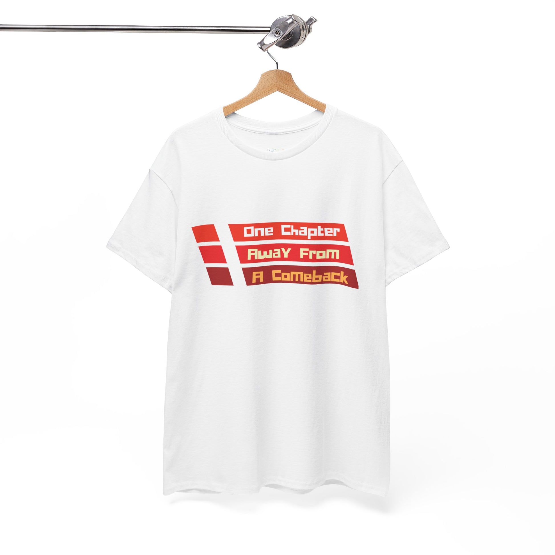 White t-shirt with red lines and text in each 'One Chapter Away From A Comeback'