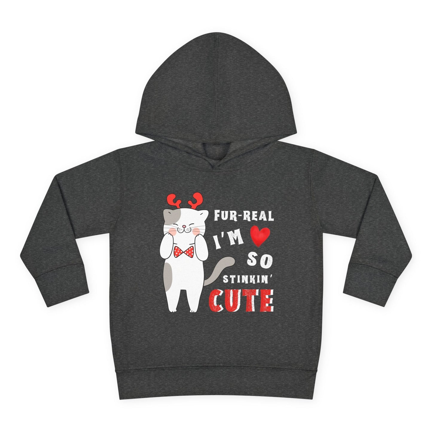 Black toddler hoodie with a gray and white cat wearing red reindeer antlers and a bow tie, text 'FUR-REAL I'M SO STINKIN' CUTE' 