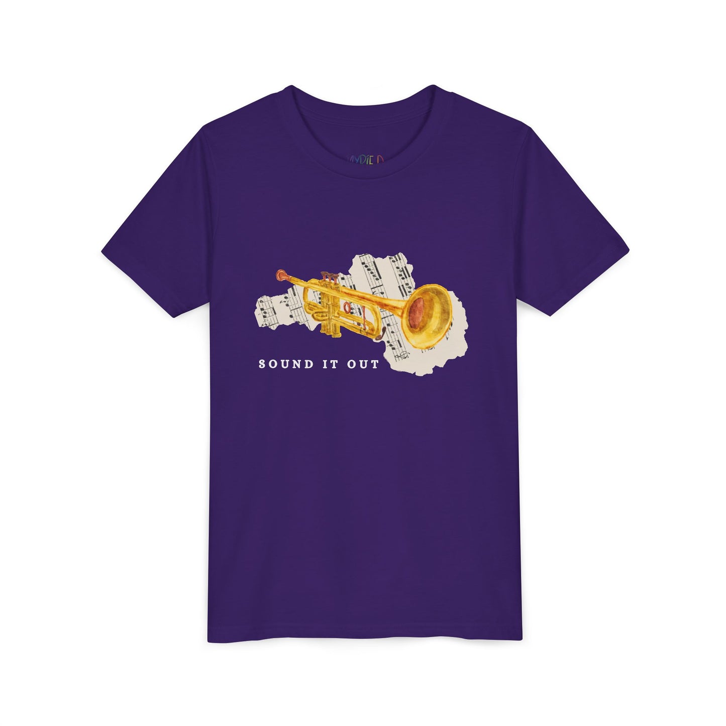 Purple t-shirt with a gold trumpet, torn music sheet and 'SOUND IT OUT' text