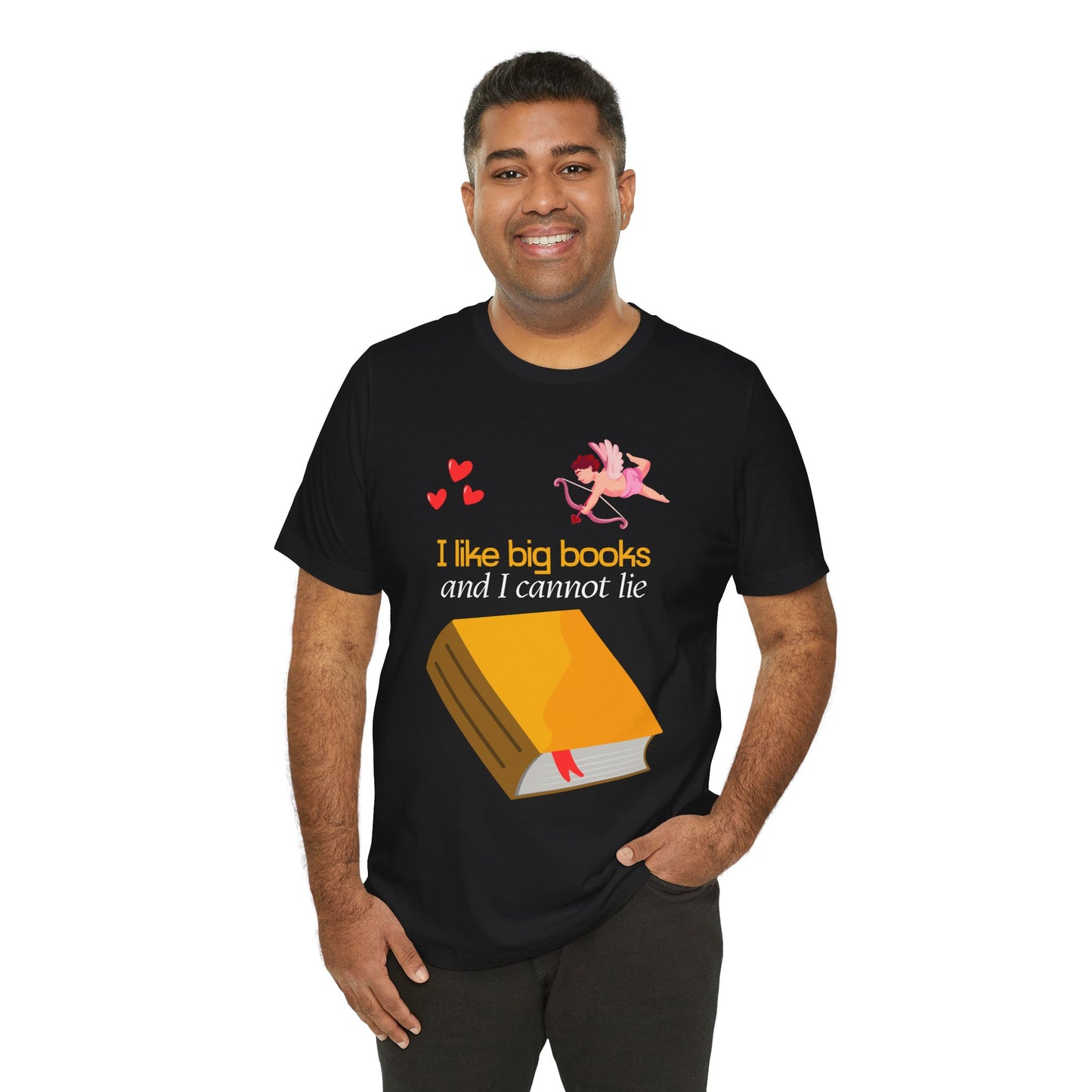 Man wearing a black t-shirt with a cupid pointing an arrow at a large book and the words "I like big books and I cannot lie"