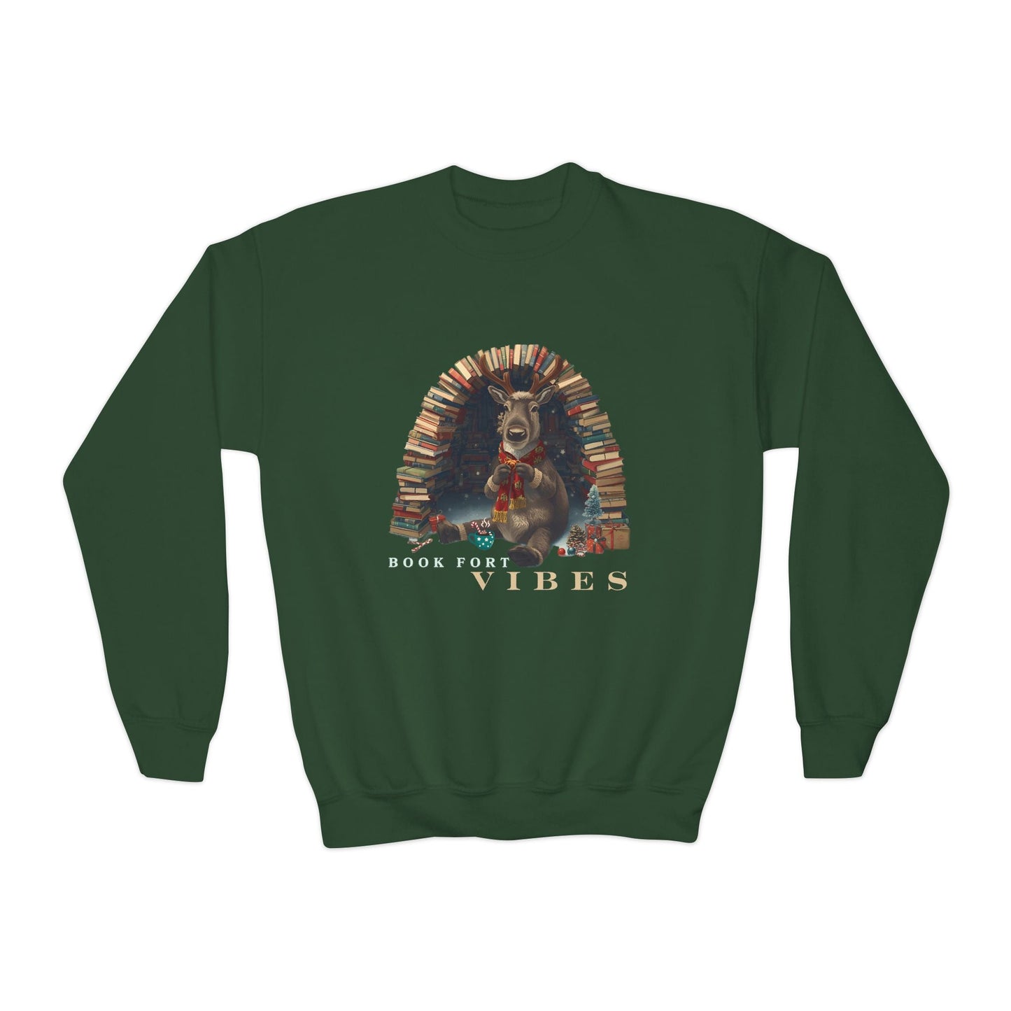 Youth Book Fort Vibes Sweatshirt â€“ Cozy Reindeer Reading Nook Design Printify