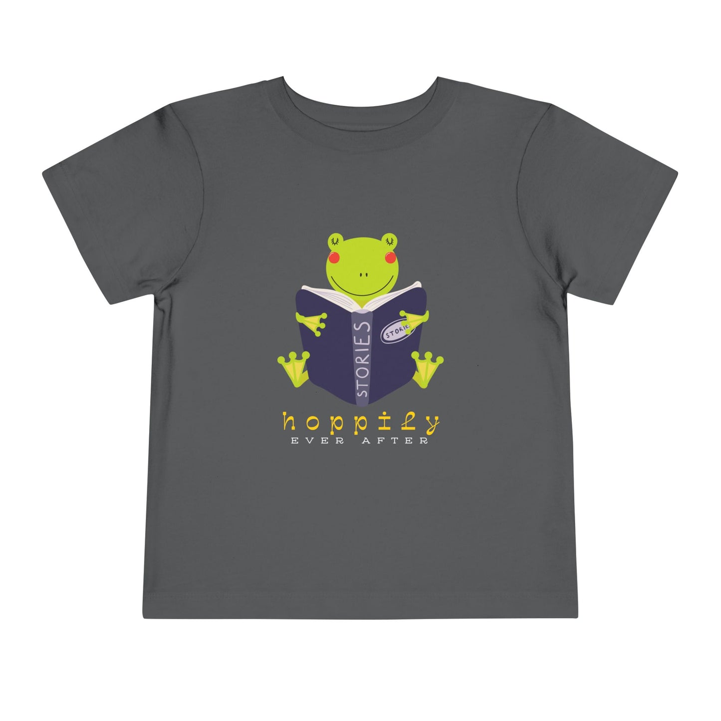 Gray toddler t-shirt with a frog reading a book graphic and text 'Hoppily Ever After'