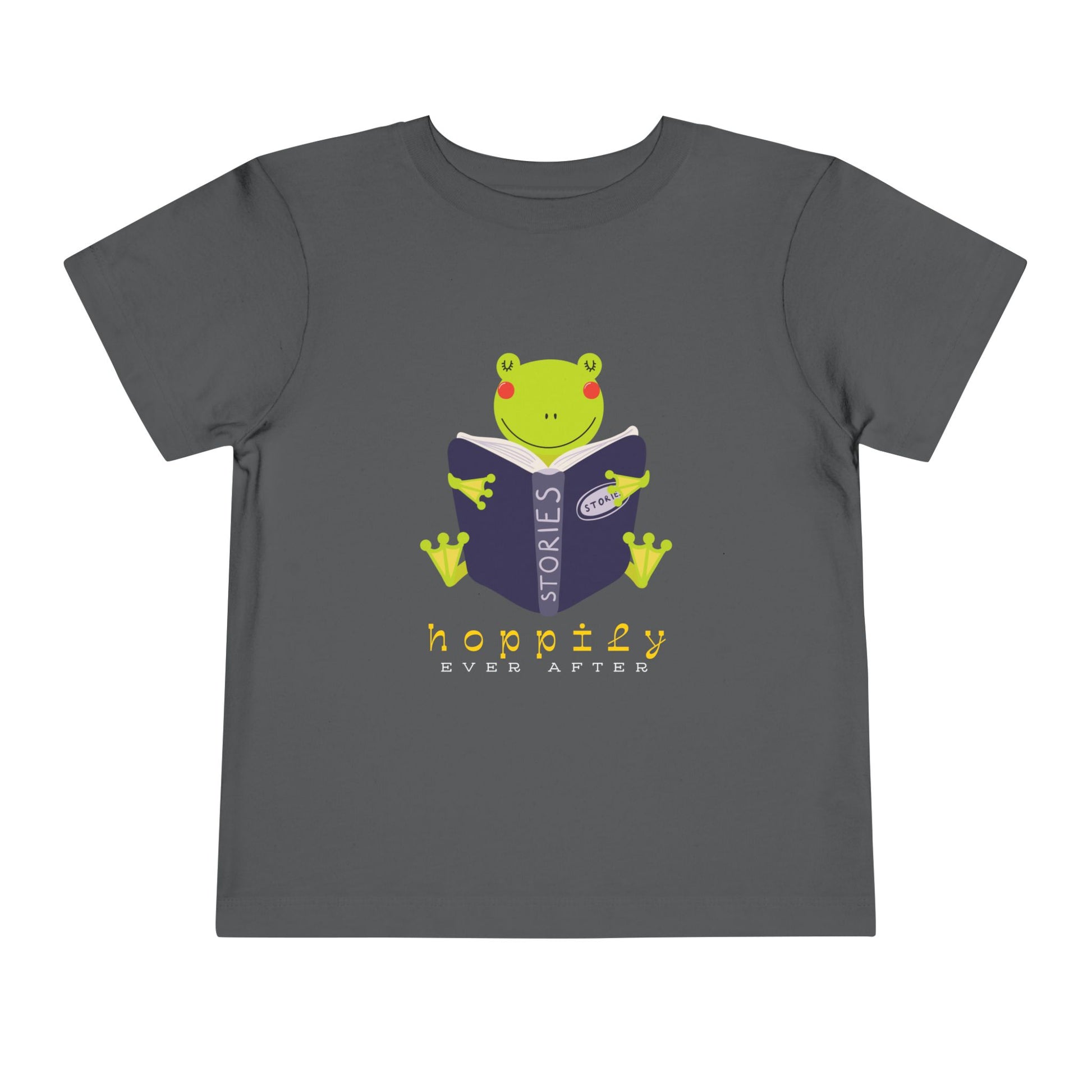 Gray toddler t-shirt with a frog reading a book graphic and text 'Hoppily Ever After'