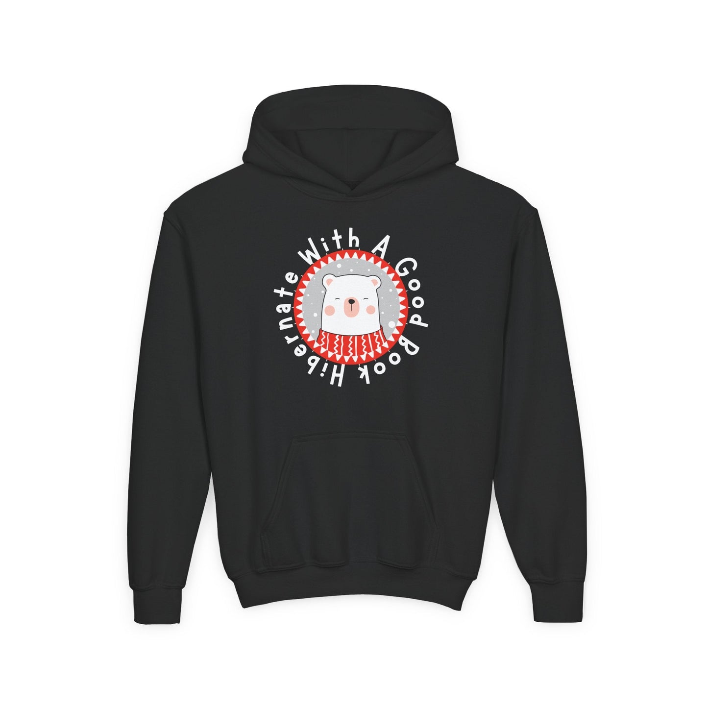 Youth Hibernate With a Good Book Hoodie â€“ Cozy Winter Bear Design Printify