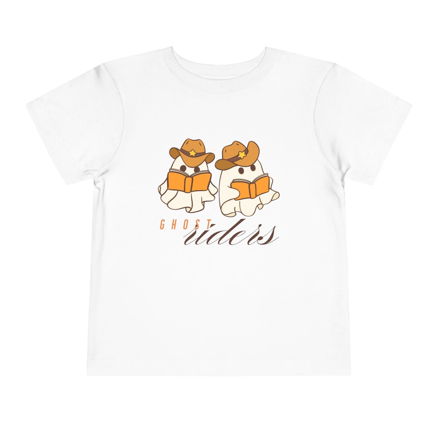 White t-shirt with two cowboy hat wearing ghosts reading books and text 'Ghost Riders' 