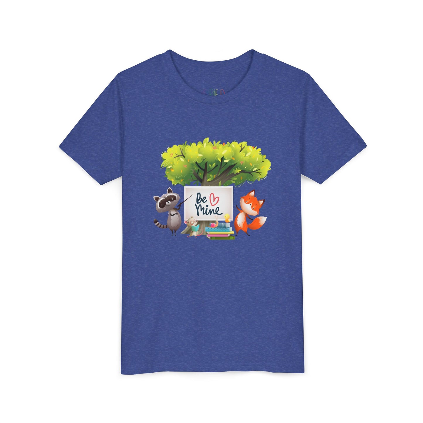 Blue t-shirt with a raccoon and fox graphic and 'Be Mine' text 