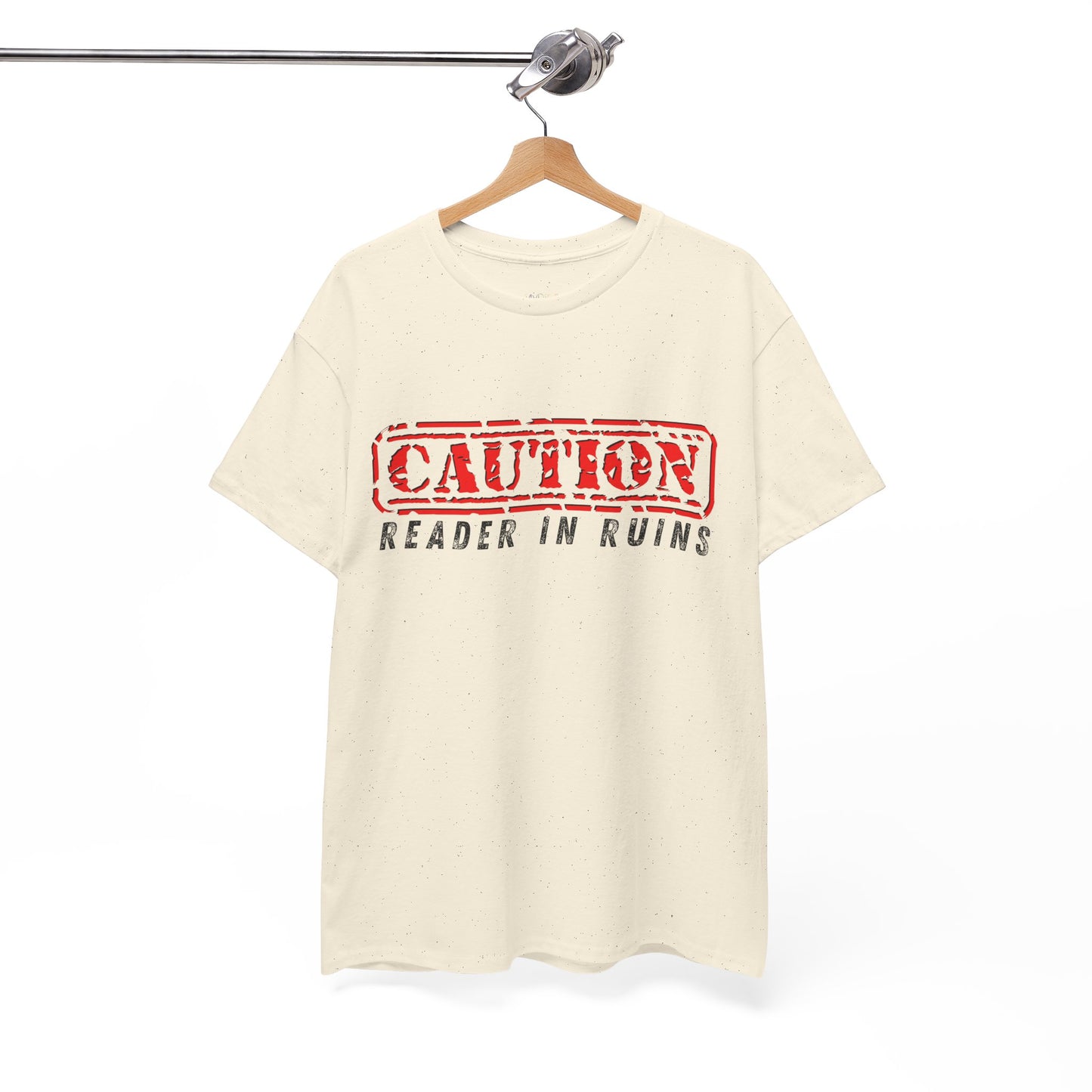 Teen/Adult Unisex Tee CAUTION Reader in Ruins (Red Caution)
