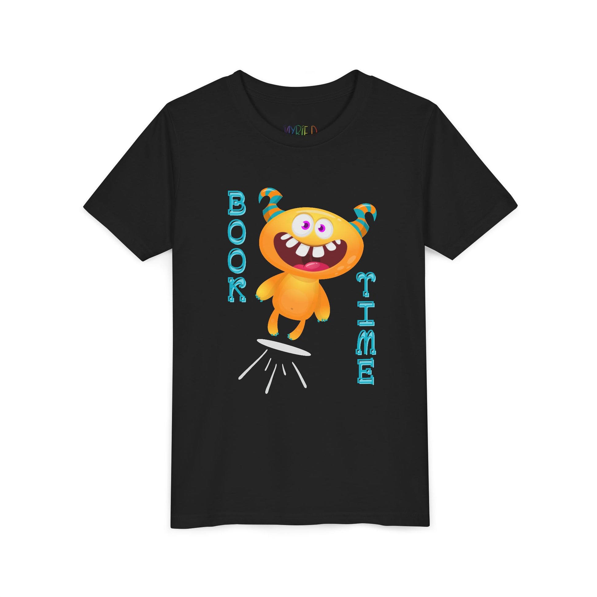Black t-shirt with a jumping monster and text 'Book Time'