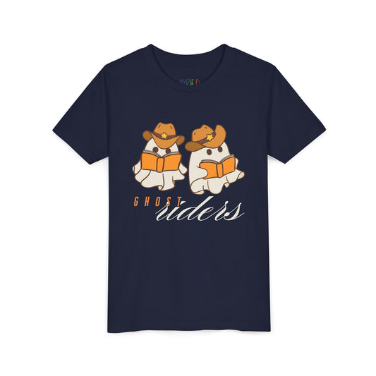 Youth Ghost Riders Halloween T-Shirt – Cute Book-Loving Ghosts Design