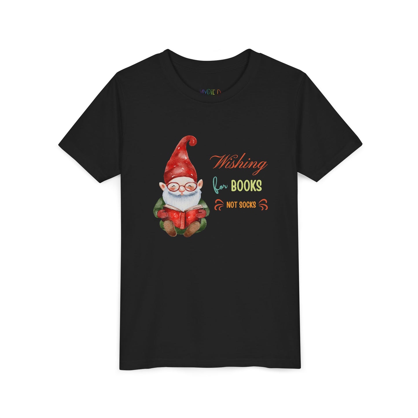 Black t-shirt with a gnome graphic and text on a white background