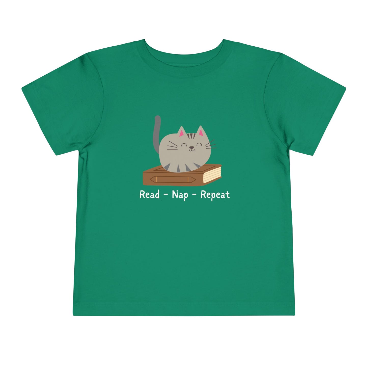 Green t-shirt with a cat sitting on a book with text 'Read - Nap - Repeat' 