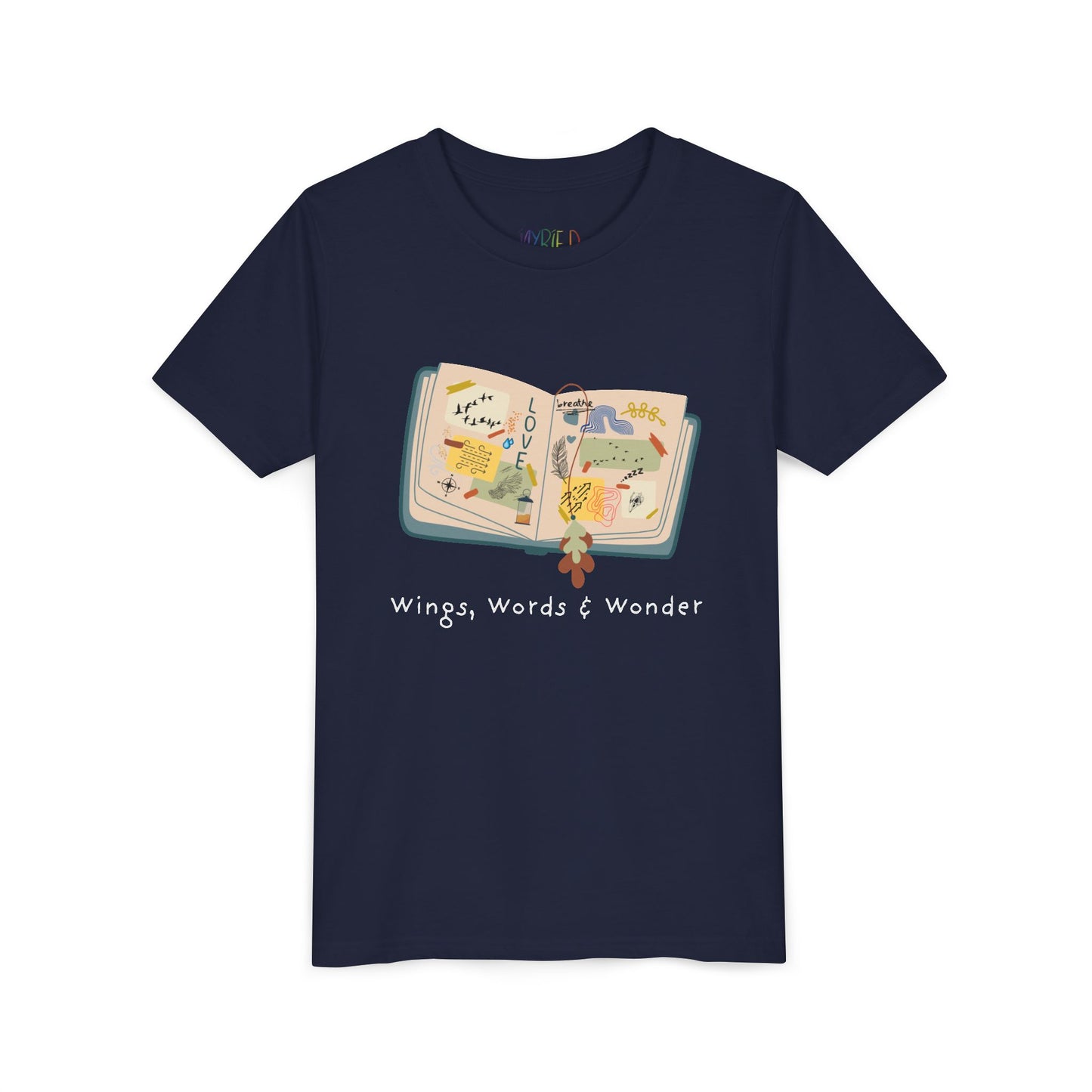 Navy blue t-shirt with an open scrap book  and text 'Wings, Words & Wonder' 