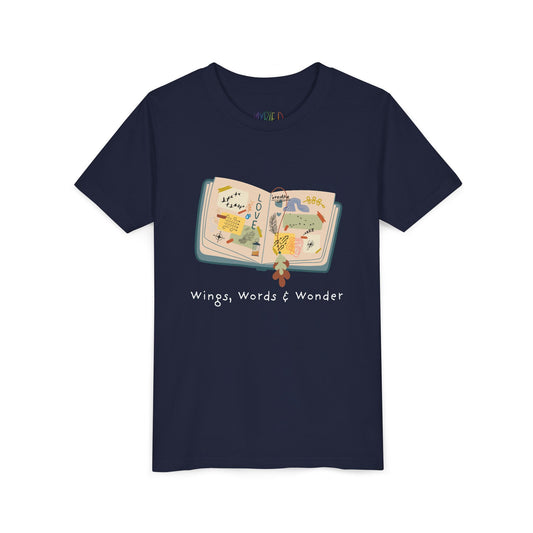 Navy blue t-shirt with an open scrap book  and text 'Wings, Words & Wonder' 