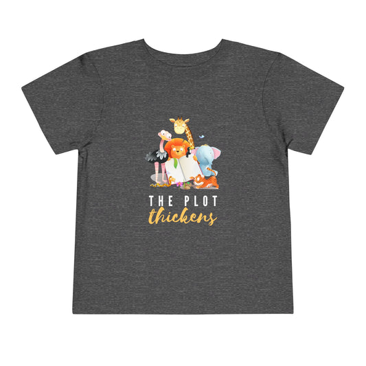 Dark gray t-shirt with cartoon animals all gathered around a book, and text 'The Plot Thickens'