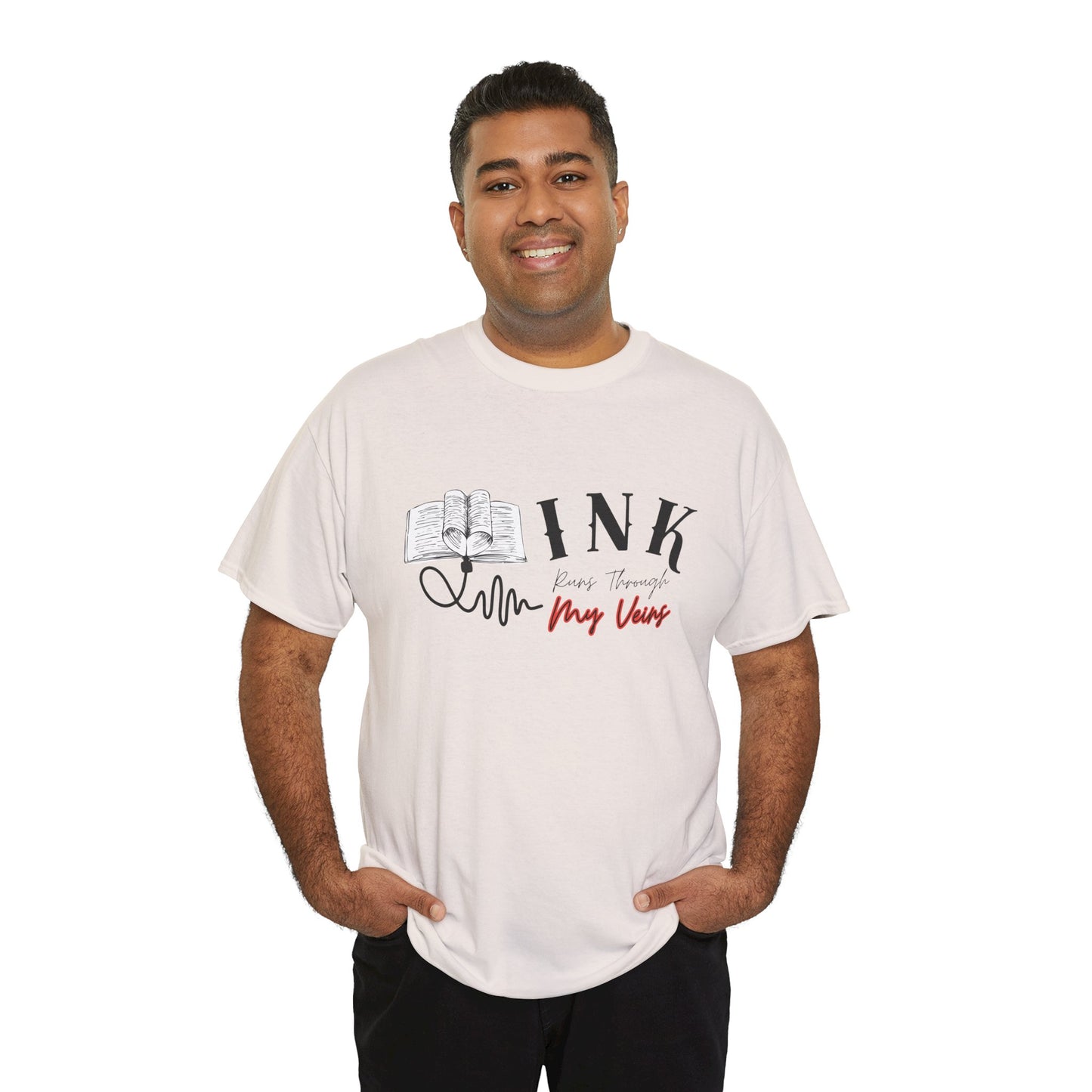 Man wearing an ice gray t-shirt with an IV connected to an open book and text 'INK Runs Through My Veins' 