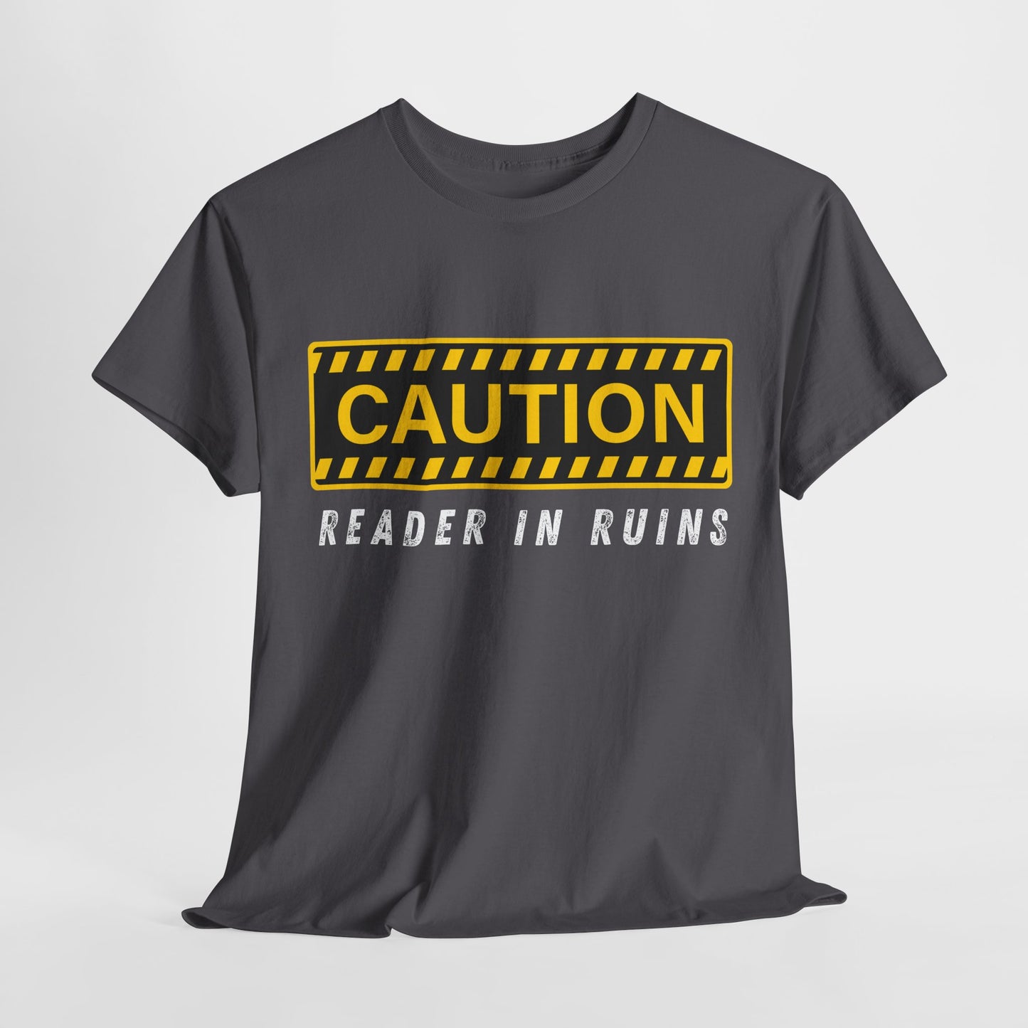 Teen/Adult Unisex Tee – CAUTION: Reader in Ruins (Yellow Caution)