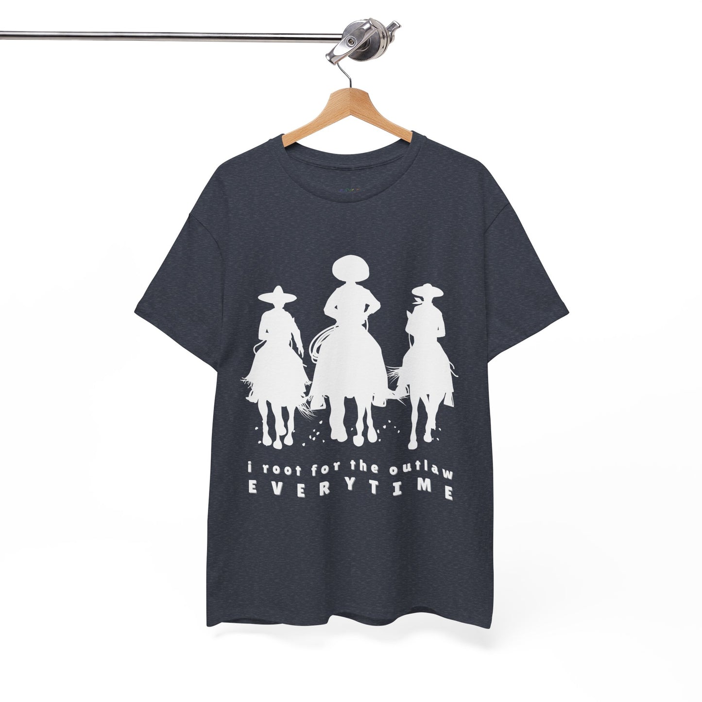Heather navy t-shirt with white cowboys on horses and text 'I root for the outlaw EVERYTIME'