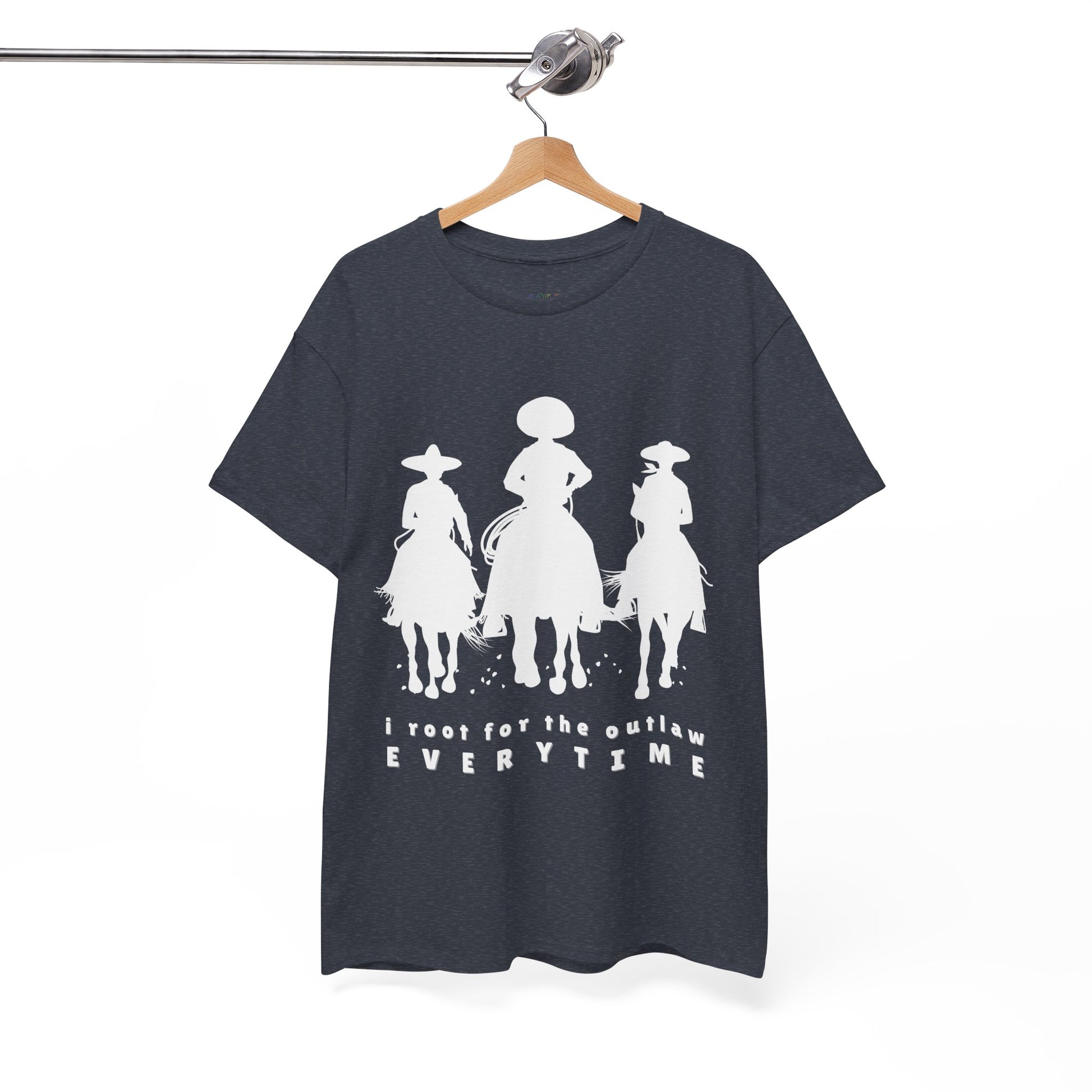 Heather navy t-shirt with white cowboys on horses and text 'I root for the outlaw EVERYTIME'