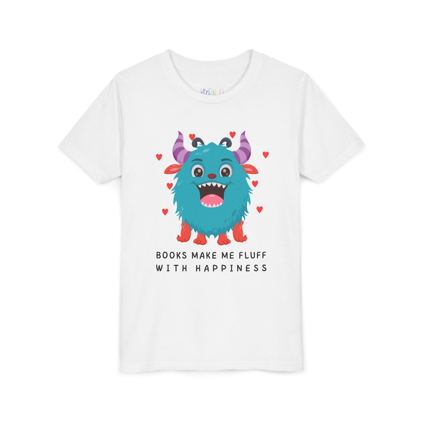 White t-shirt with a joyful cartoon monster surrounded by hearts and text 'Books Make Me Fluff With Happiness'