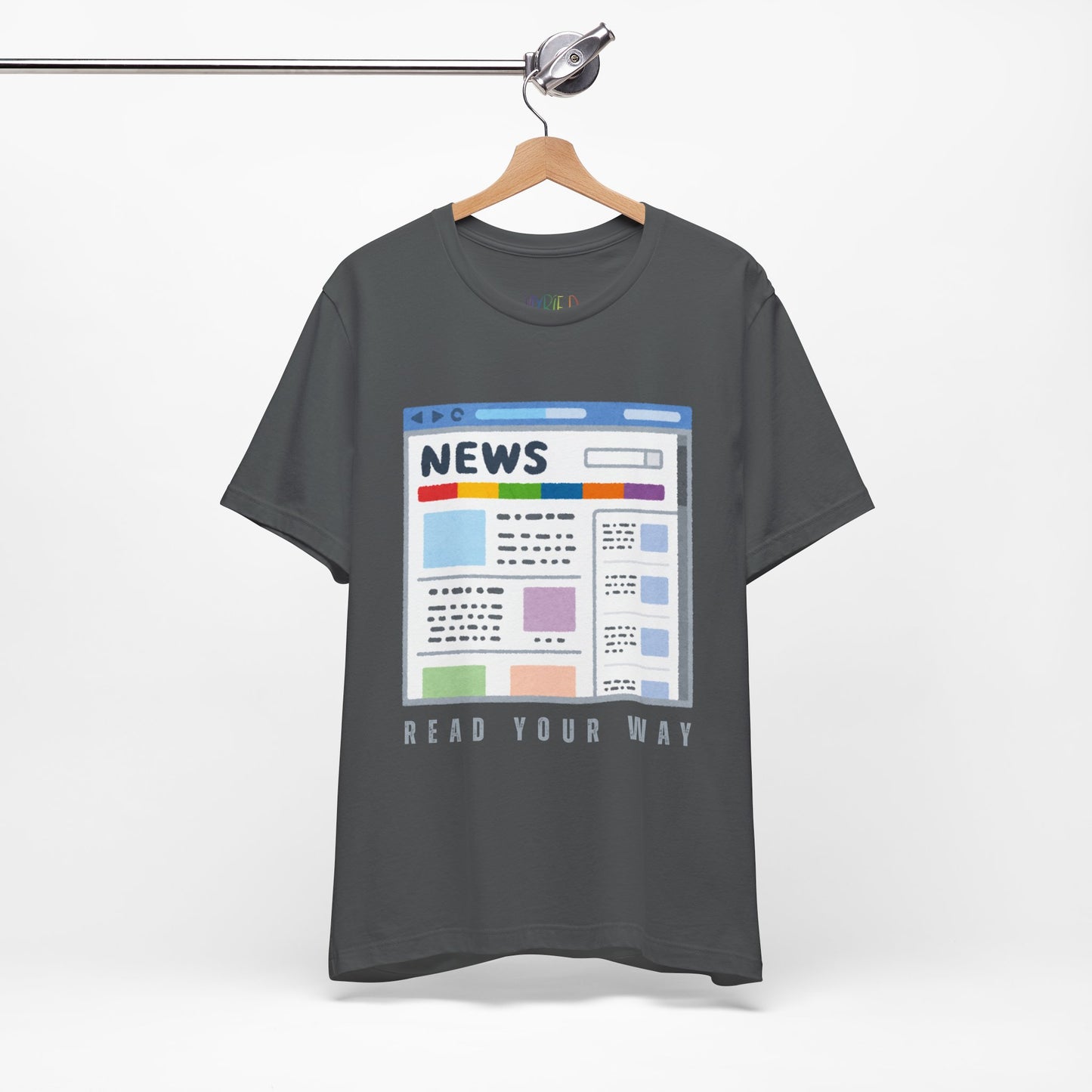 Gray t-shirt with a graphic of a news website and text 'Read Your Way' 