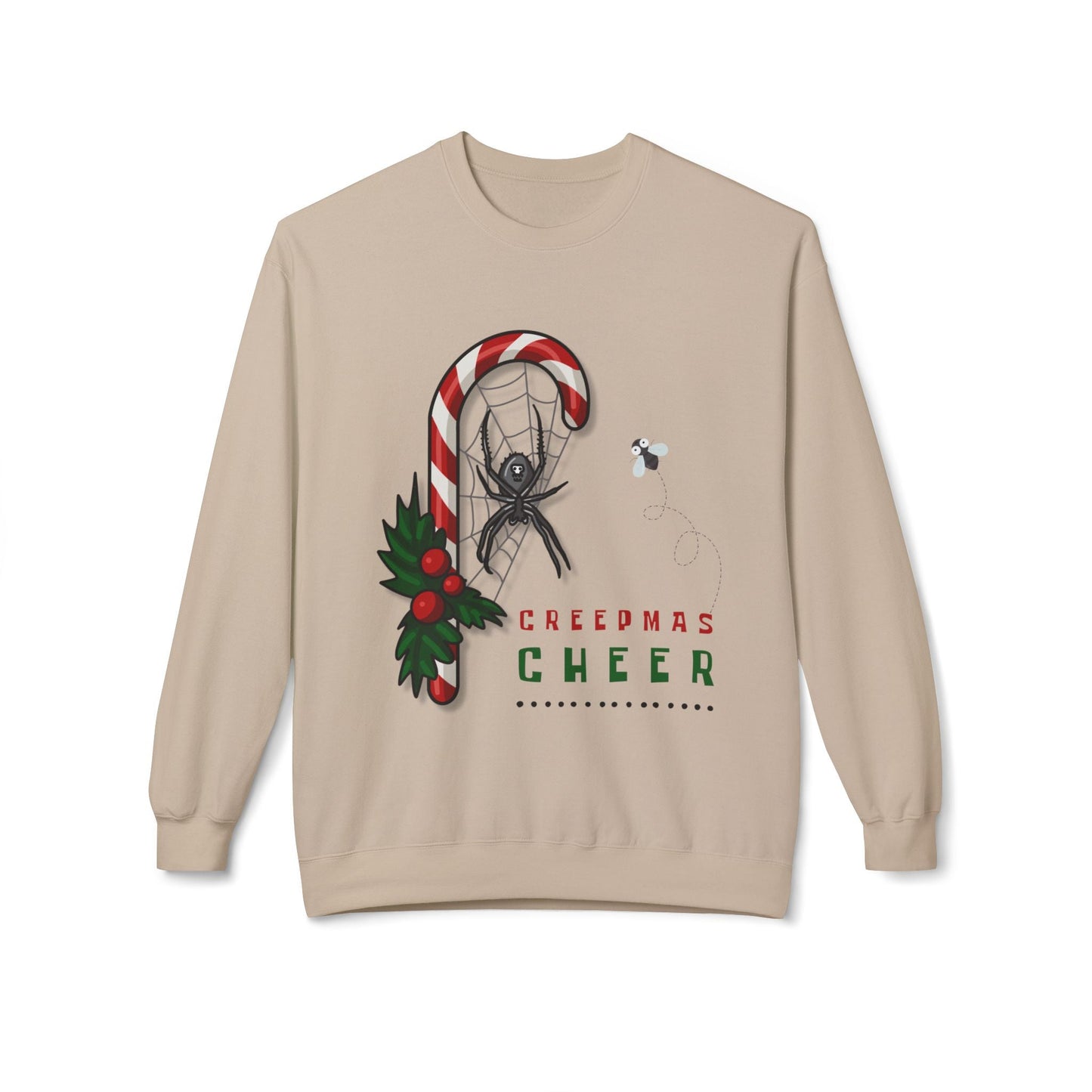 Teen/Adult Unisex Creepmas Cheer Sweatshirt â€“ Spooky Candy Cane & Spider Holiday Design Printify
