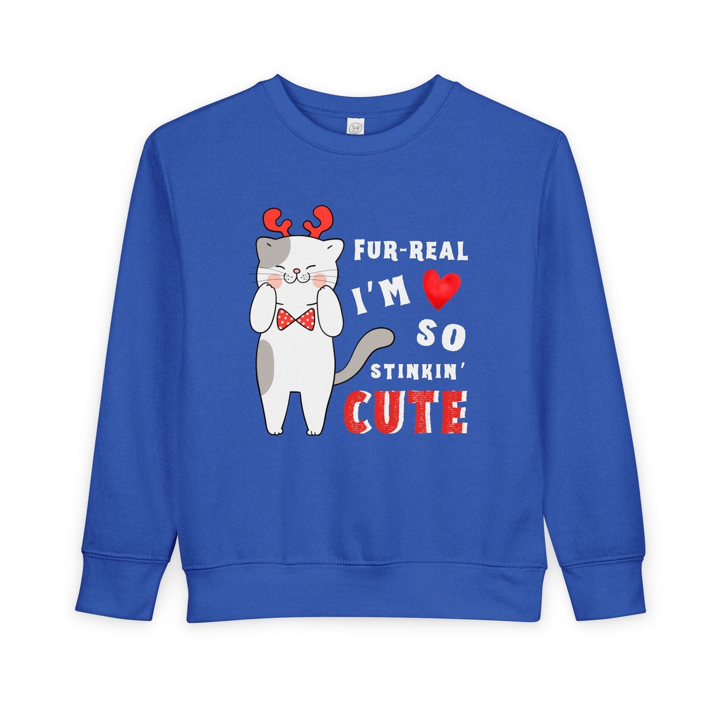 Blue toddler sweatshirt with a gray and white cat graphic wearing red reindeer antlers, holding it's cheeks, text 'FUR-REAL I'M SO CUTE' 