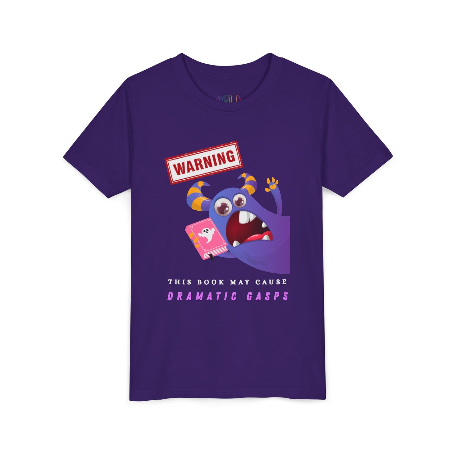 Purple t-shirt with a purple monster urgently leaning in with a ghost book, a WARNING sign overhead, and text below 'This Book May Cause Dramatic Gasps'