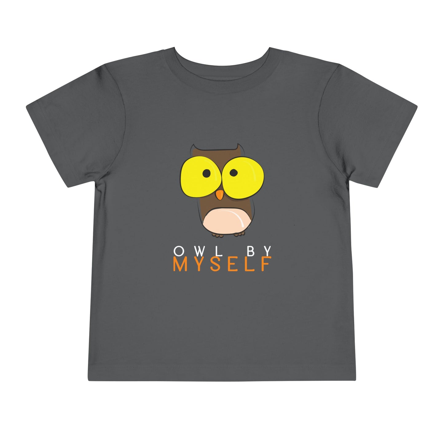 Gray toddler t-shirt with an big eyed owl graphic and 'Owl by Myself' text 