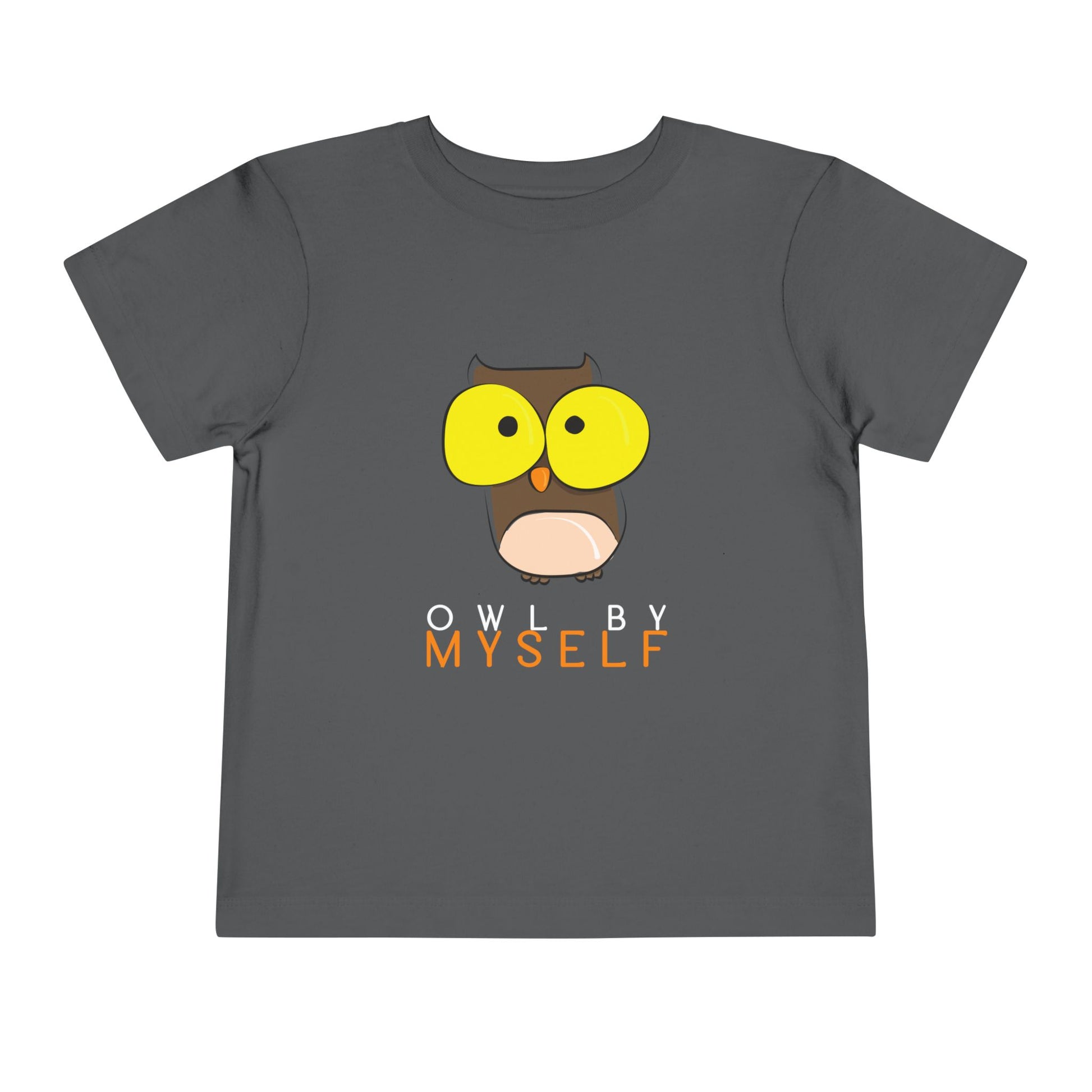 Gray toddler t-shirt with an big eyed owl graphic and 'Owl by Myself' text 