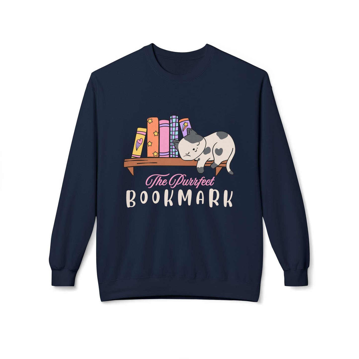 Navy sweatshirt with a cat sleeping on a bookshelf and 'The Purrfect Bookmark' text 