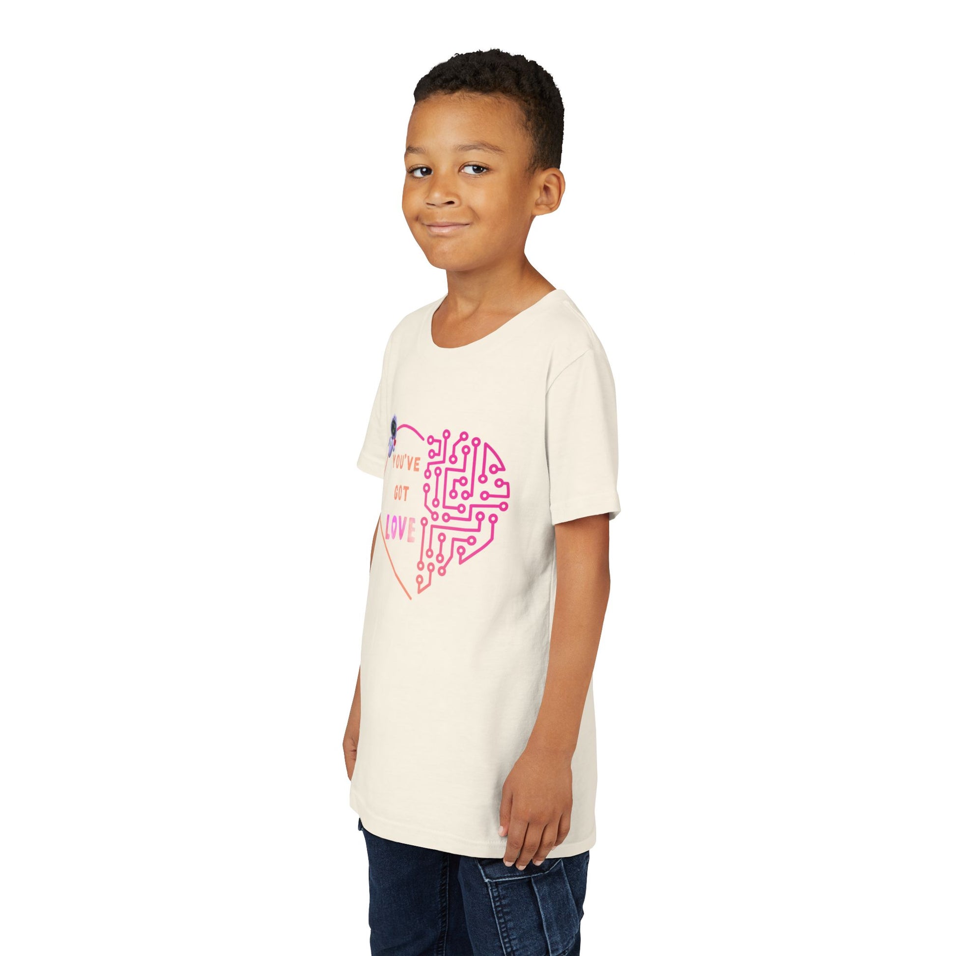 Boy wearing a beige t-shirt with a heart-shaped design with computer connections, a robot holding a heart and text 'You've Got Love'