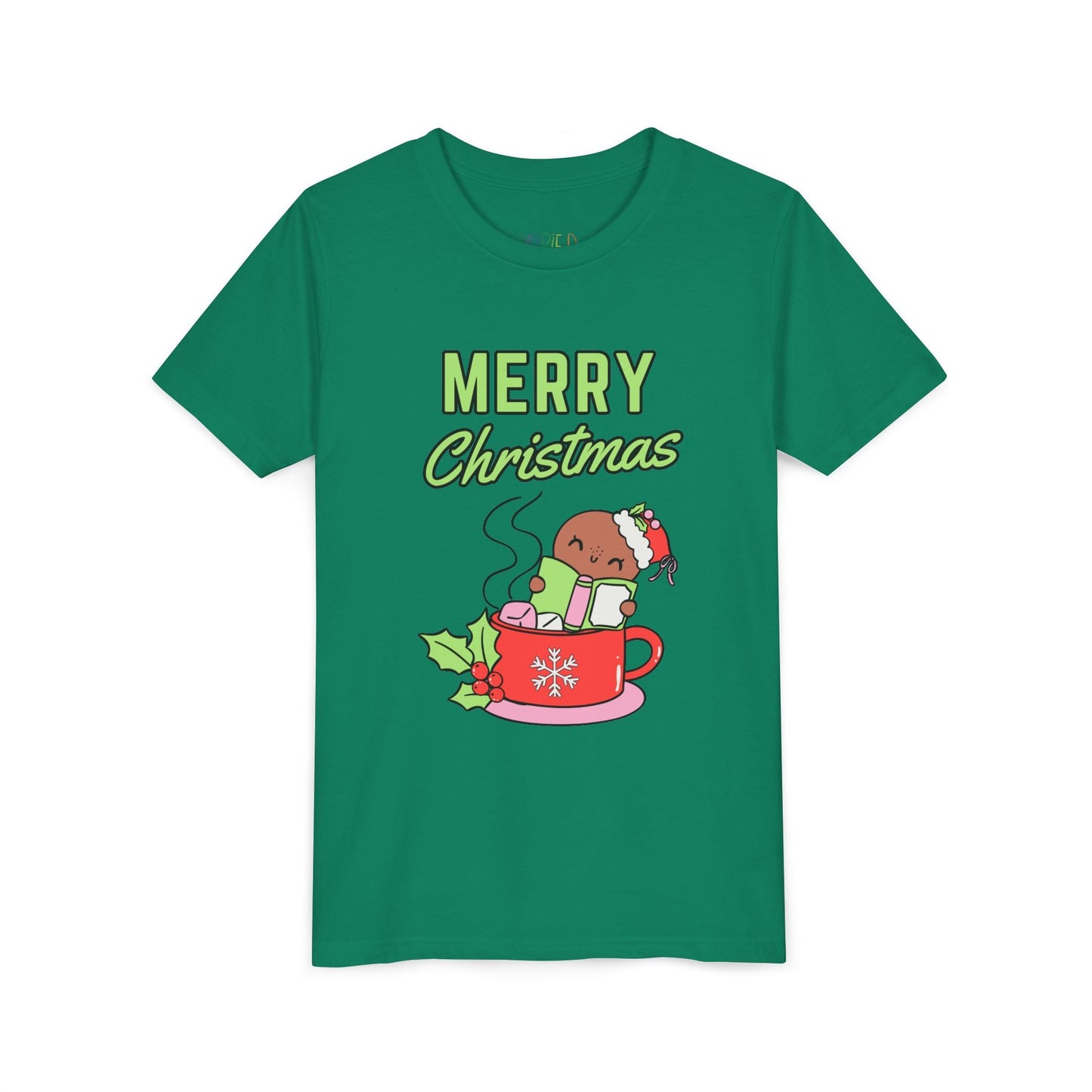 Youth Merry Christmas Cocoa Dip T-Shirt â€“ Gingerbread Reading Design Printify