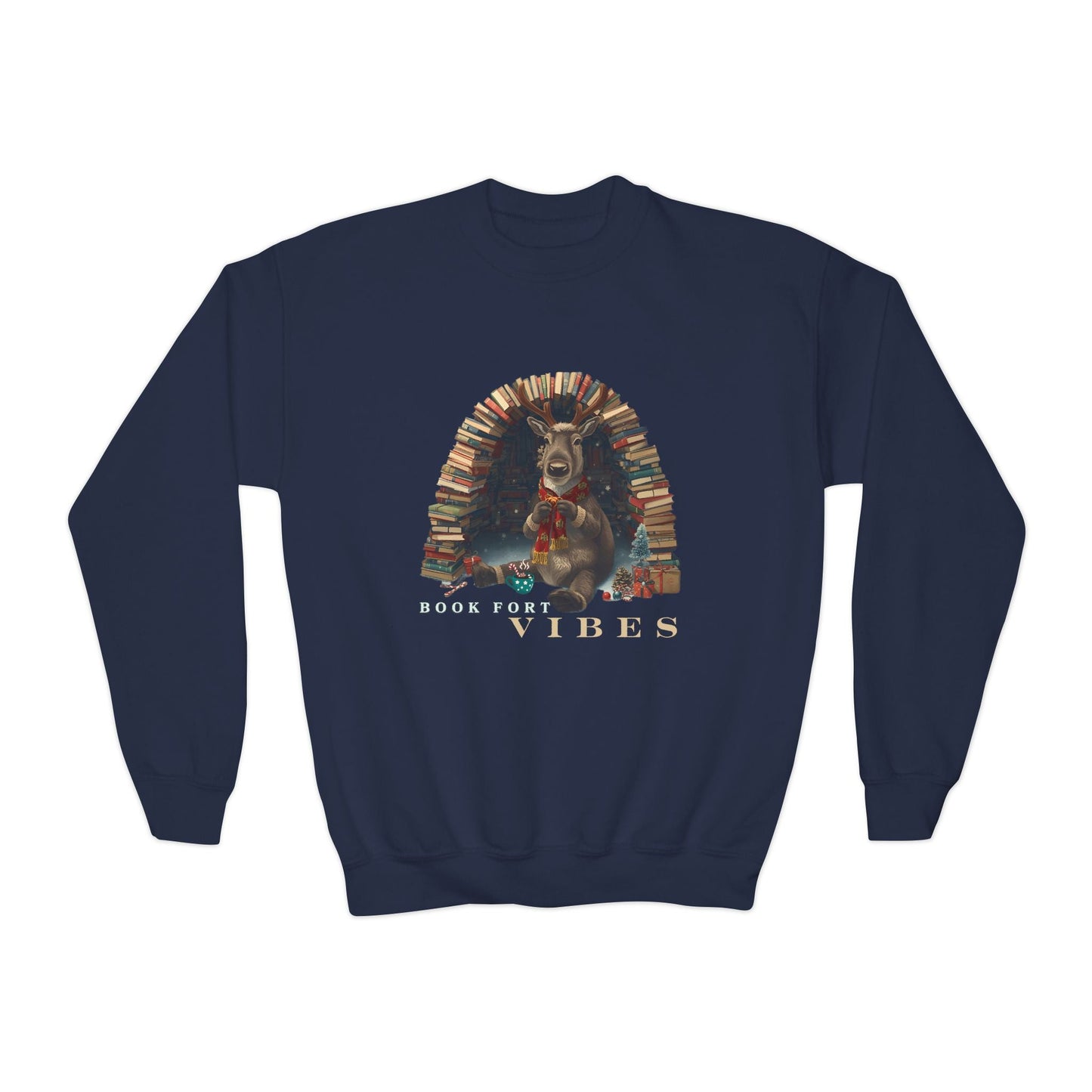 Youth Book Fort Vibes Sweatshirt â€“ Cozy Reindeer Reading Nook Design Printify
