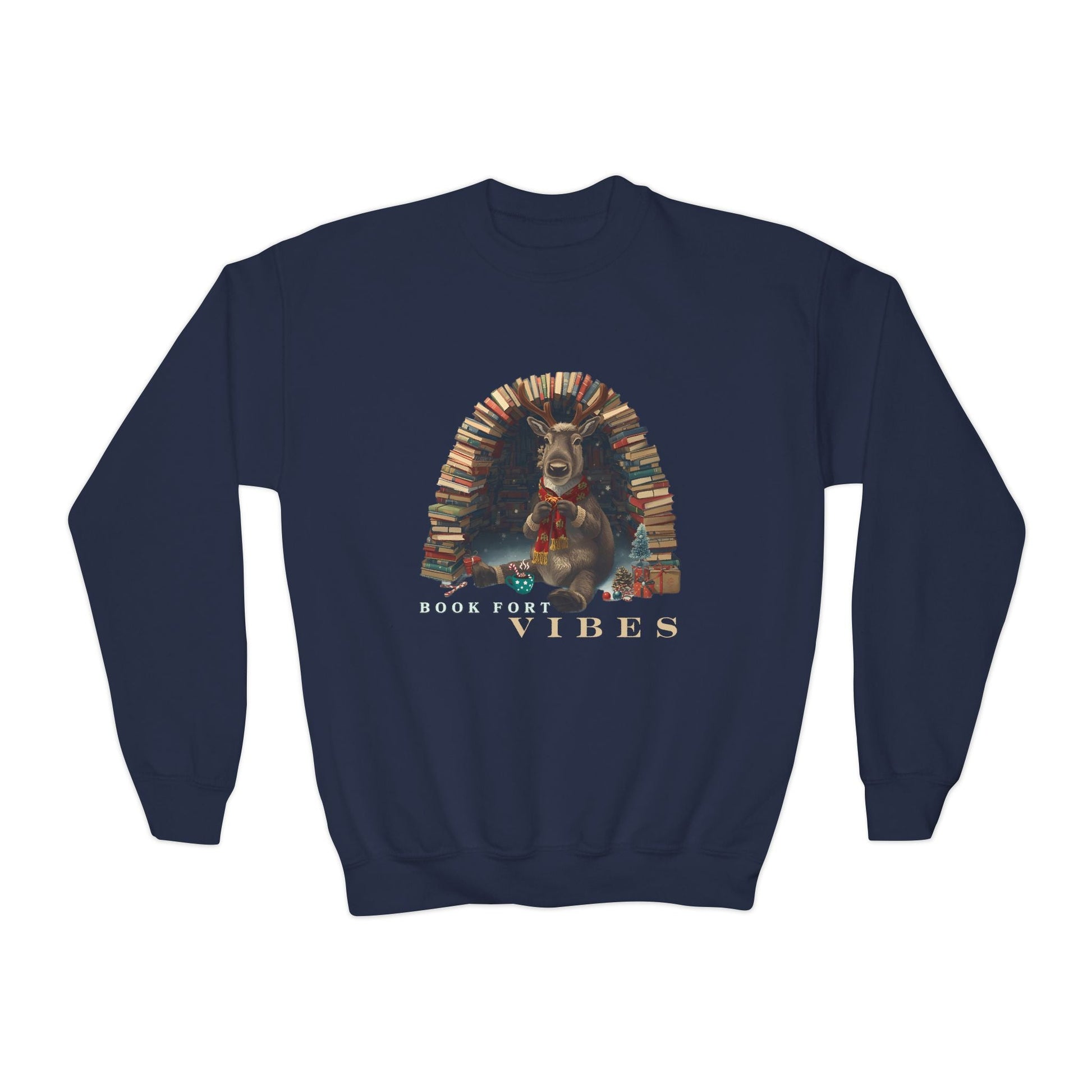 Youth Book Fort Vibes Sweatshirt â€“ Cozy Reindeer Reading Nook Design Printify