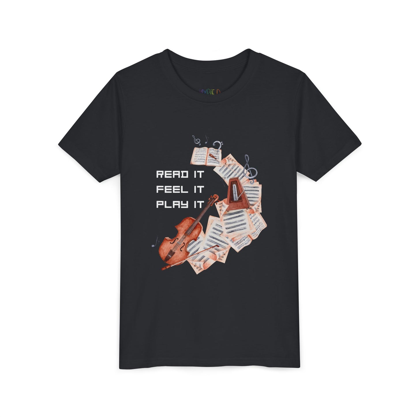 Black t-shirt with swirling music sheets, metronome, violin and text 'Read It. Feel It. Play It.'